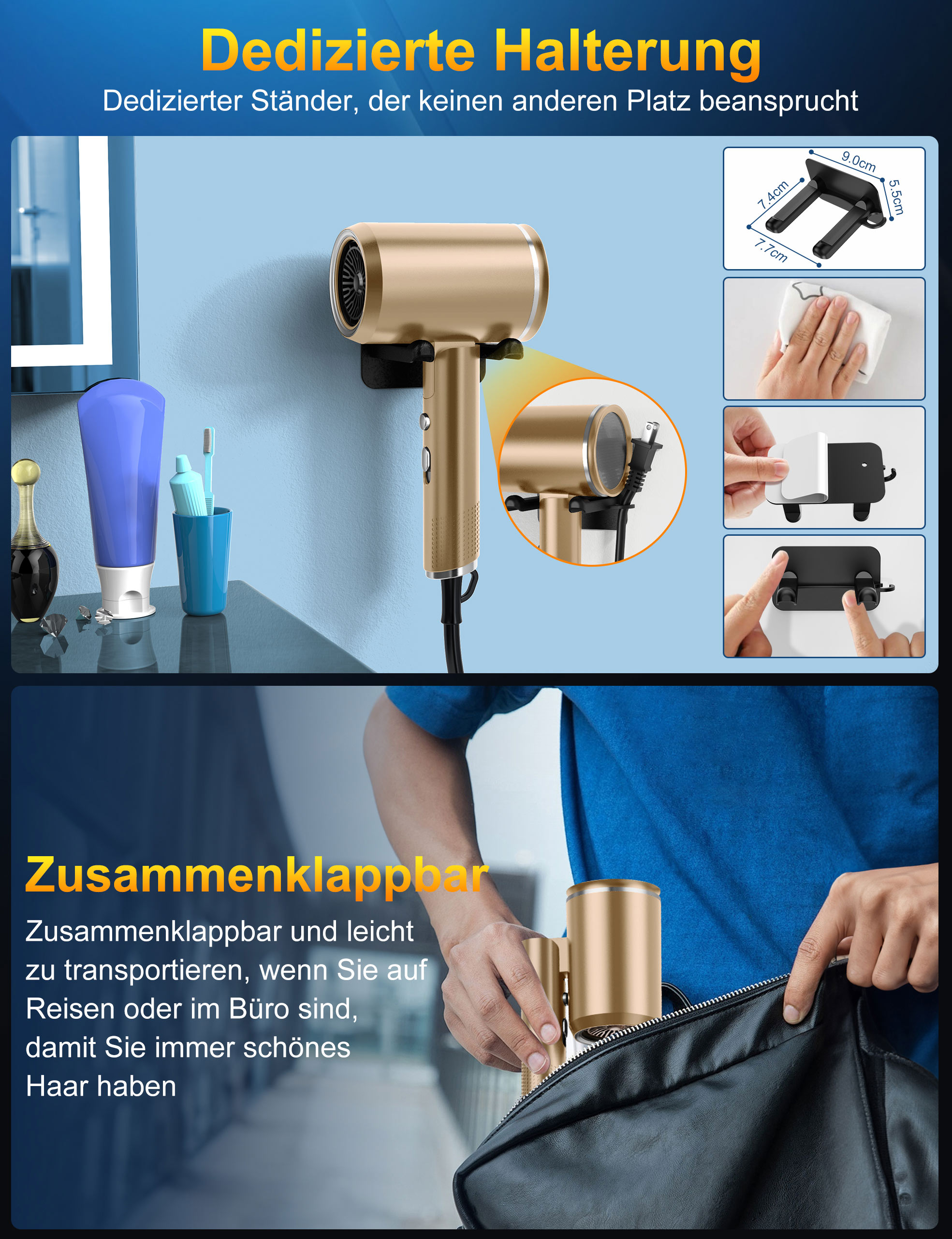 Goldener Haartrockner an einer Wandhalterung, mit blauem Hintergrund. Zeigt auch eine Person, die den Haartrockner in eine schwarze Tasche legt.