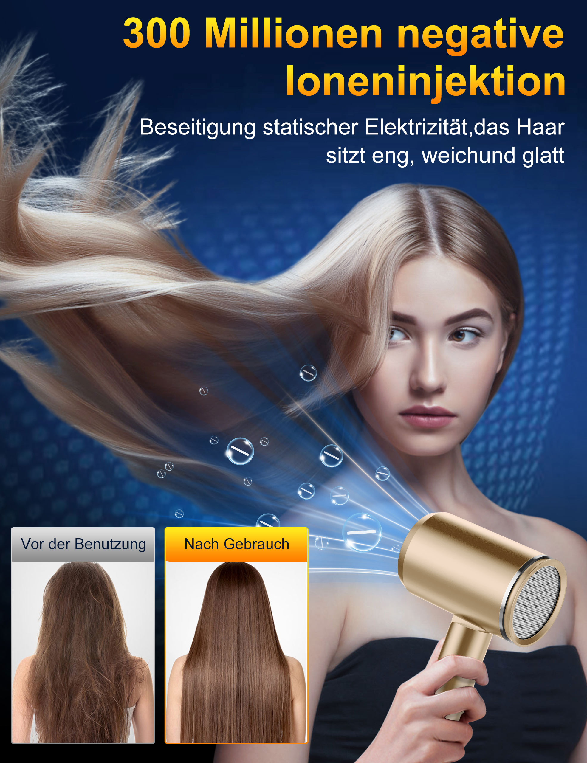 Eine Frau mit blondem Haar benutzt einen goldenen Fön. Das Bild wirbt für Haarpflege mit Vorher-Nachher-Aufnahmen.