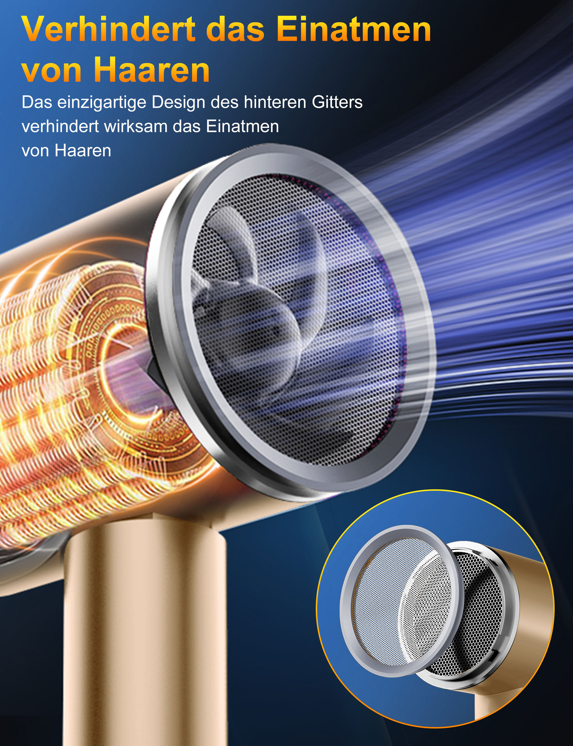 Ein goldener Haartrockner mit einem Netzfilter. Text auf Deutsch: 'Verhindert das Einatmen von Haaren'.
