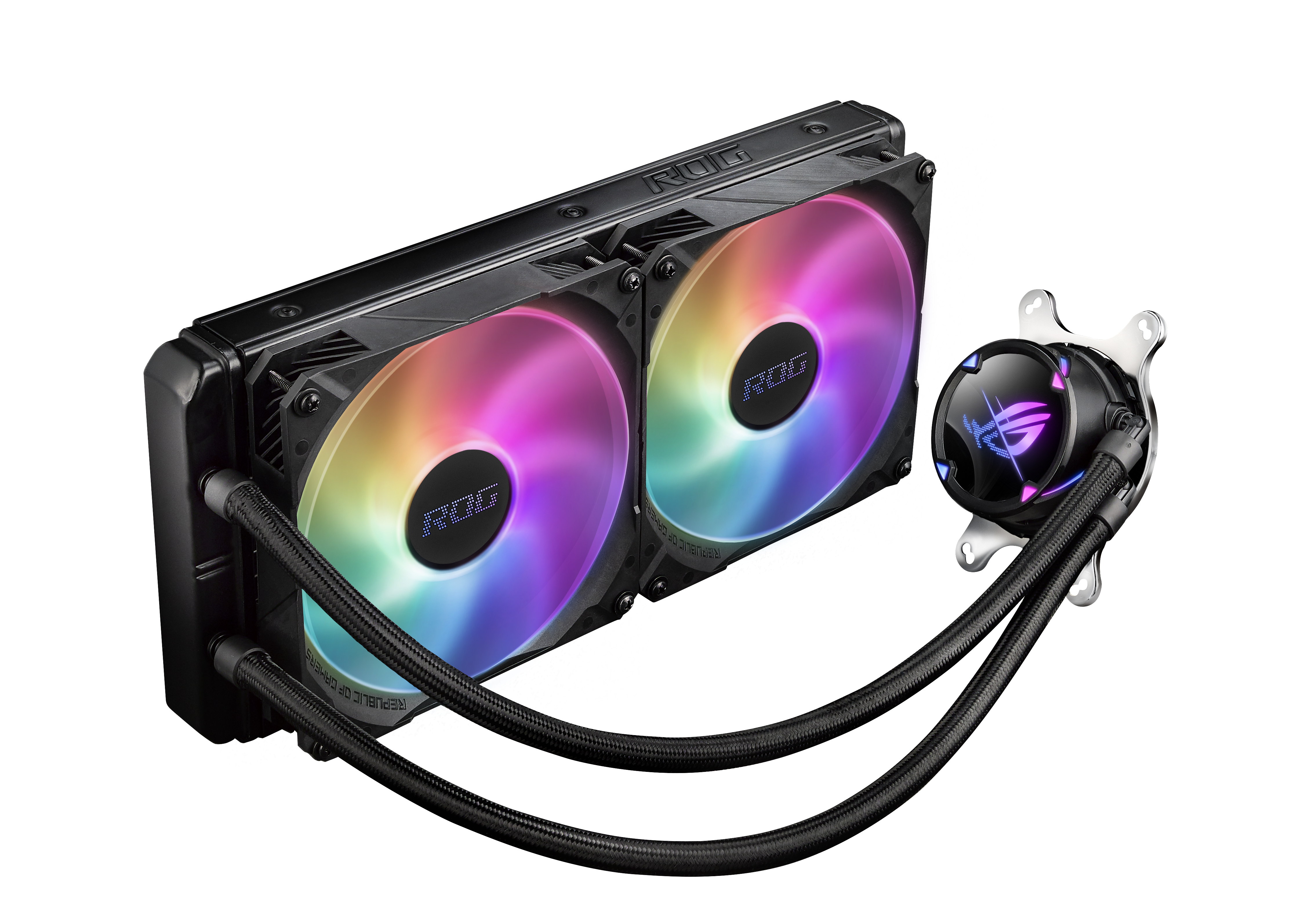 Un dissipatore per PC nero e argento con due ventole che mostrano una sfumatura arcobaleno. Il dissipatore ha due tubi neri.
