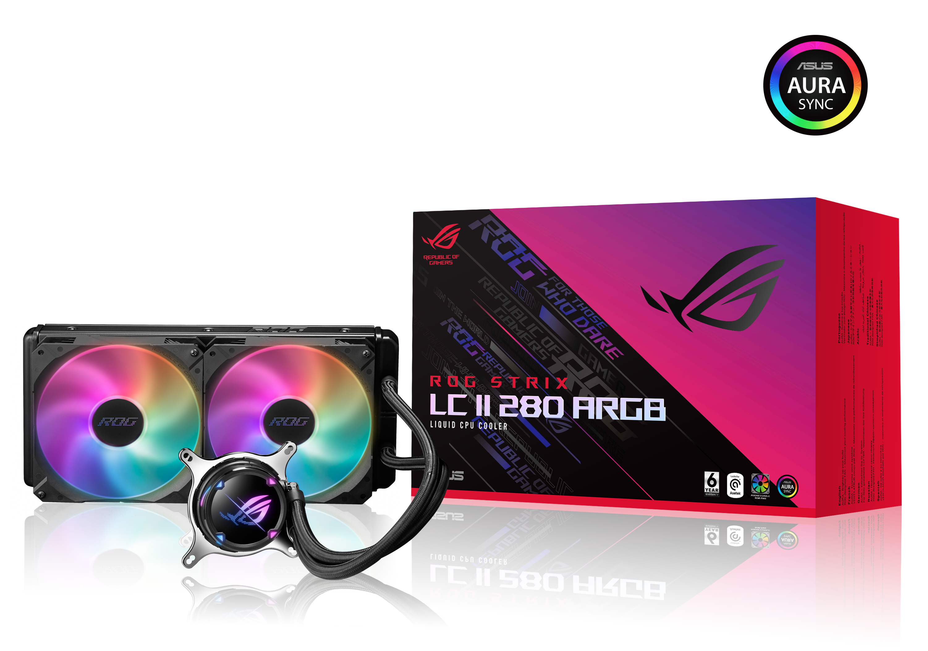 Una scatola e un'unità di raffreddamento a liquido per CPU ASUS ROG LC II 280 ARGB con ventole RGB.