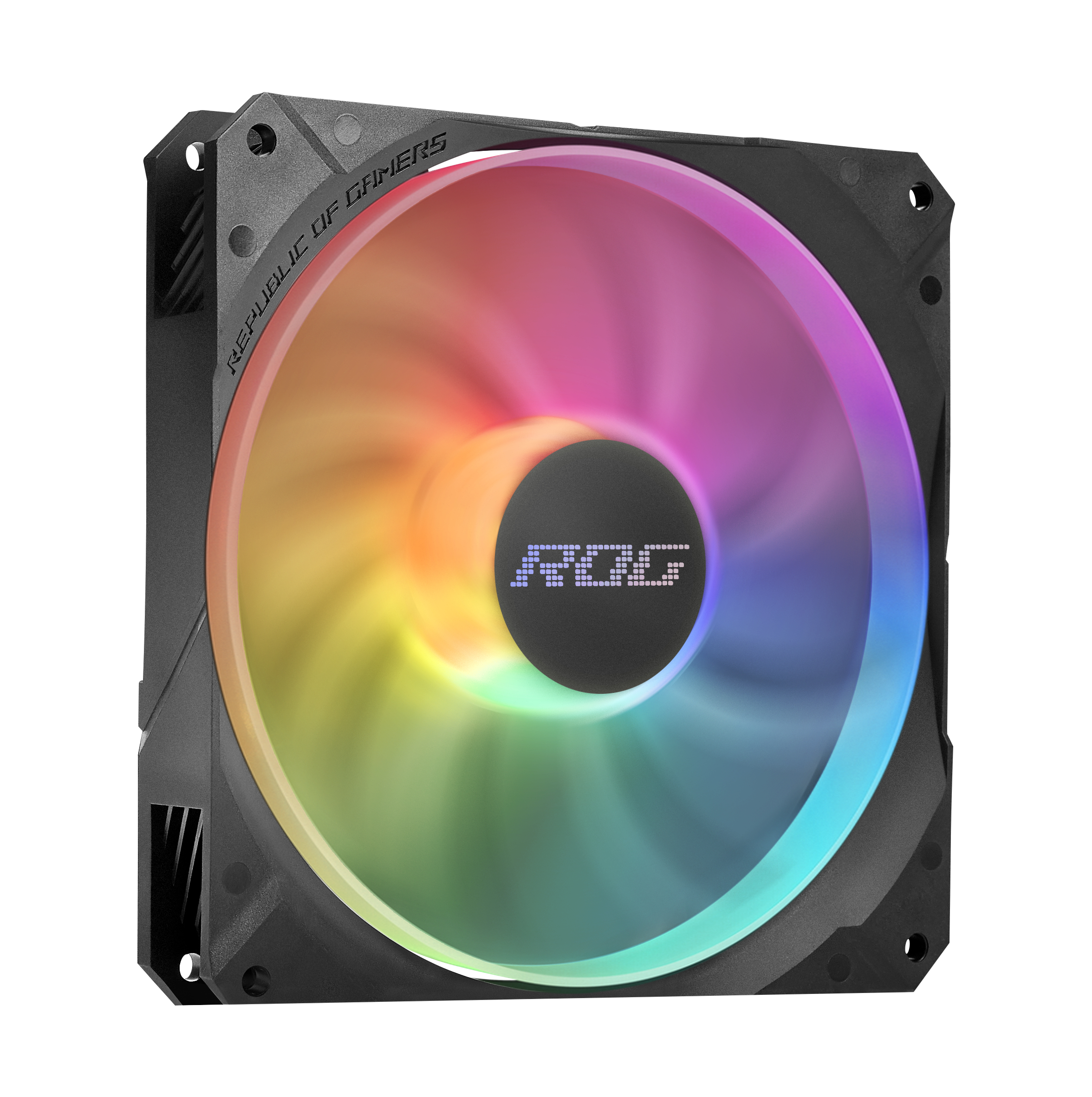 Una ventola per computer nera con una luce arcobaleno al centro, è visibile il logo ROG.