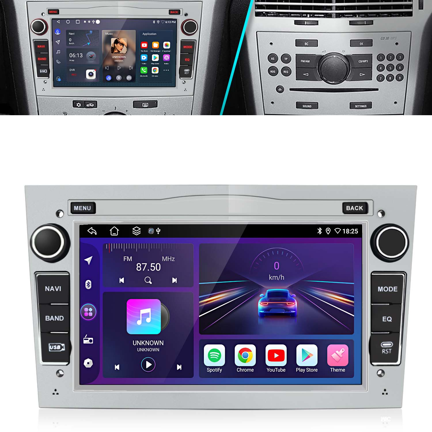 Auto-Multimedia-System mit Touchscreen-Display, das Navigation, Musik und Apps anzeigt. Tasten für Band, USB und Modus sind sichtbar.
