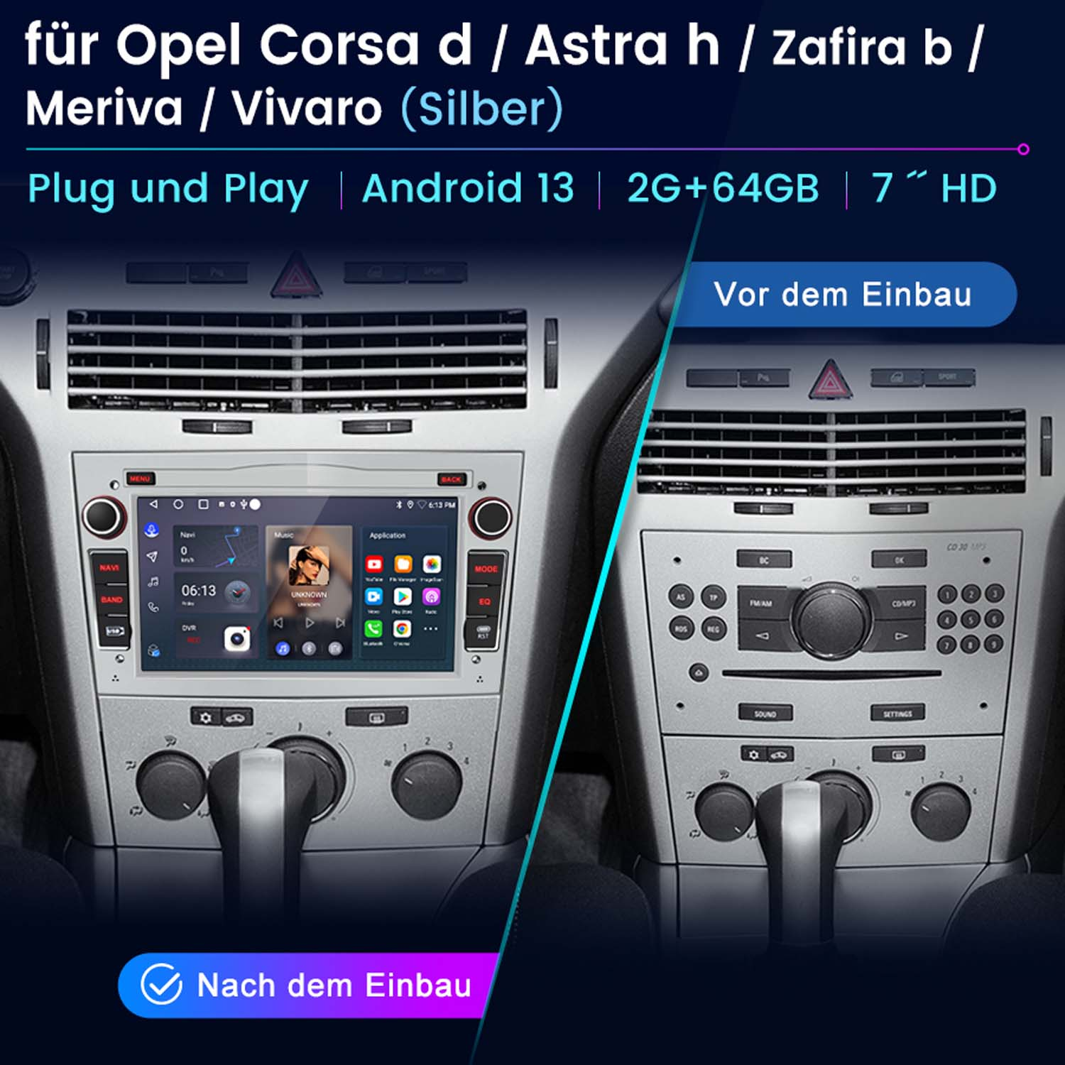 Vergleich des Armaturenbretts. Links: neues Android-System. Rechts: altes System. Text: Opel Corsa d, Astra h, Zafira b, Meriva, Vivaro.