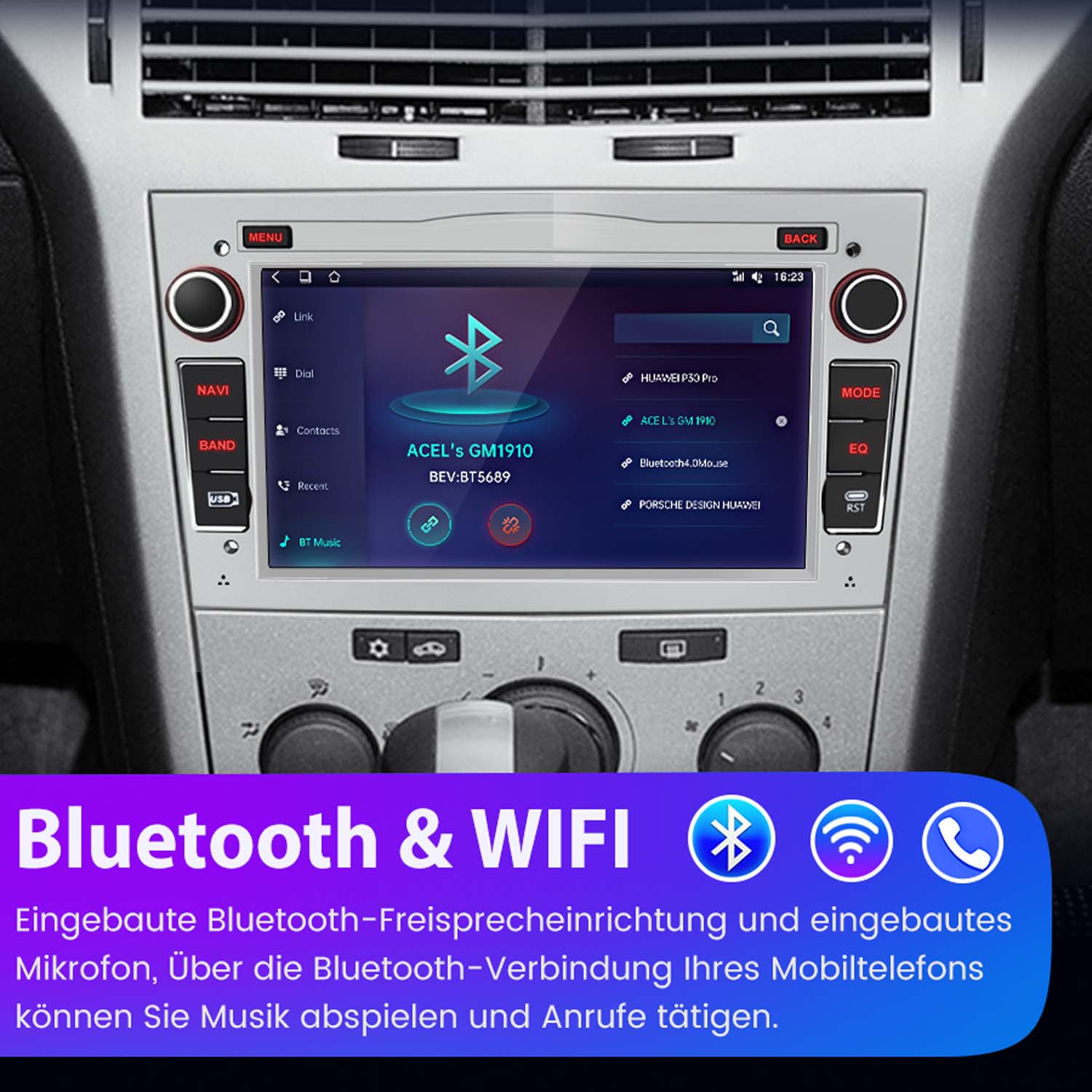 Autoradio mit Touchscreen, zeigt Bluetooth- und Wi-Fi-Optionen. Tasten für Menü, Navigation und Modus sind sichtbar.