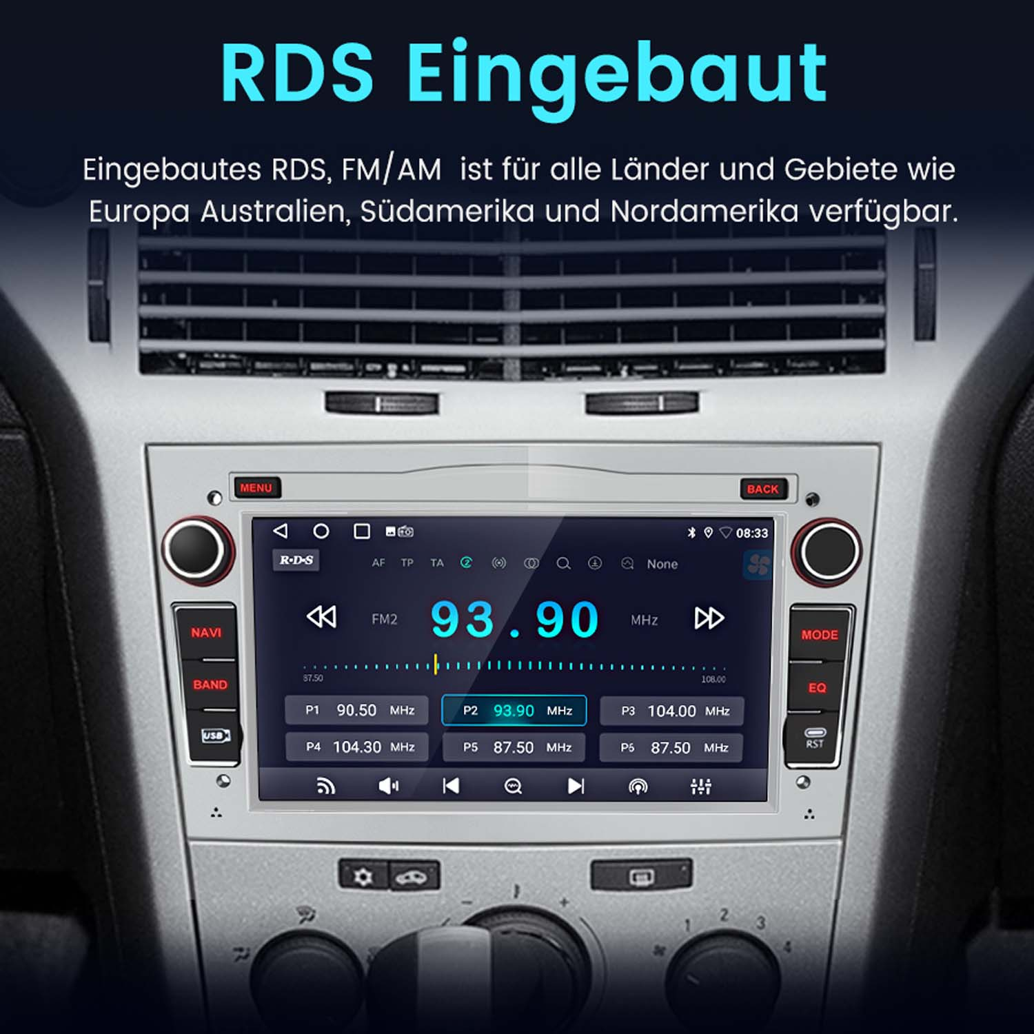Autoradio-Bildschirm mit FM-Radiosender 93,90 MHz. Tasten für Navigation, Band und USB sind sichtbar.