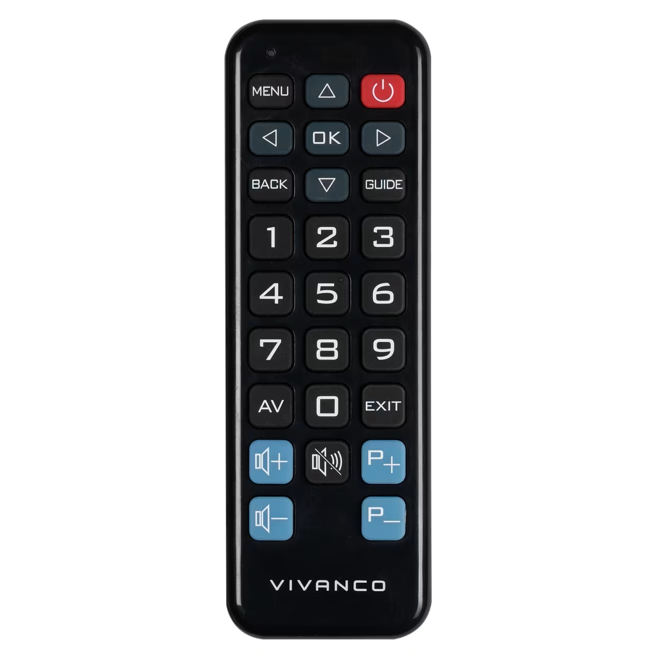 Czarny pilot Vivanco z przyciskami: numery, głośność, kanał, menu, włącz/wyłącz. Przycisk zasilania jest czerwony.