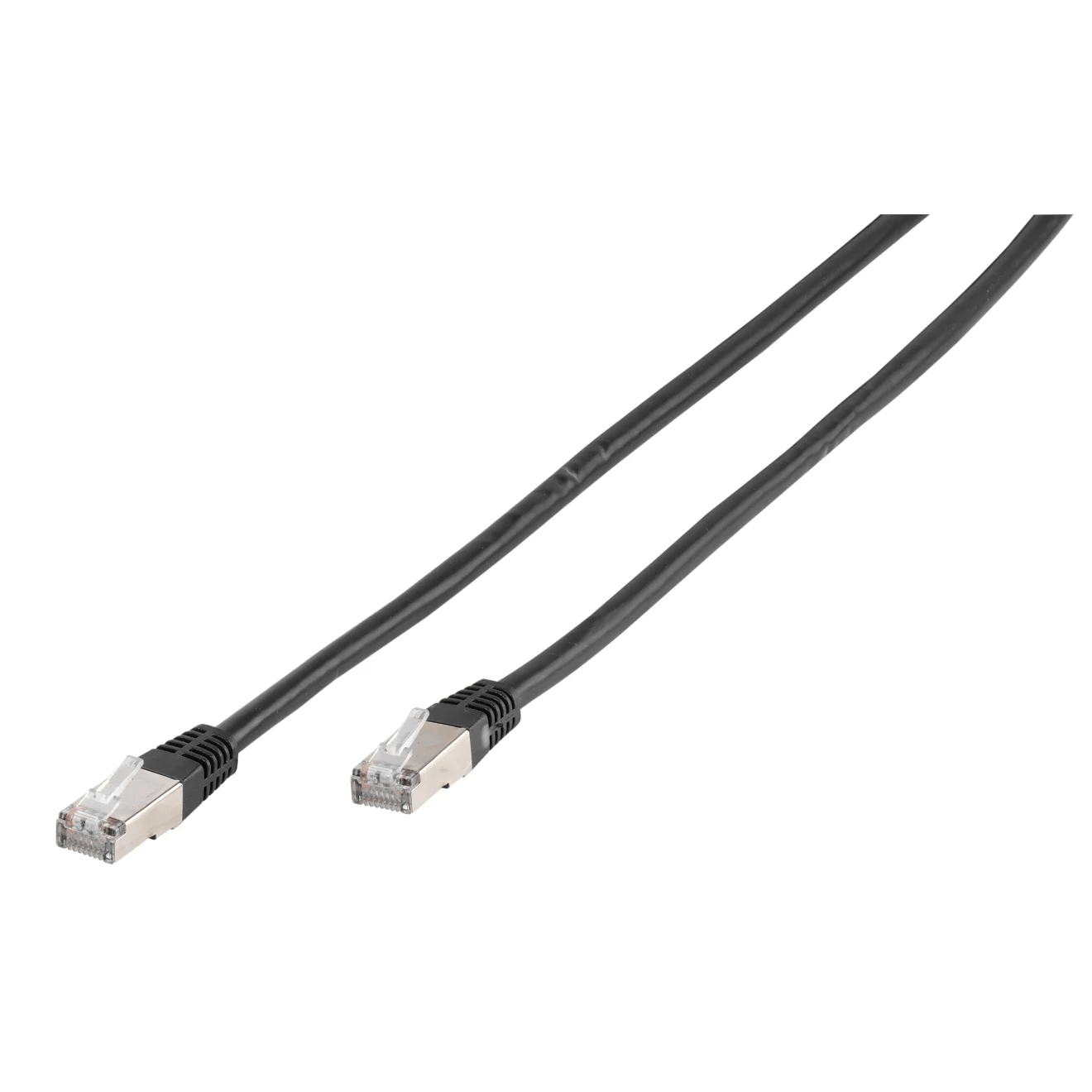 Dwa czarne kable Ethernet na białym tle. Każdy kabel ma złącze na końcu.