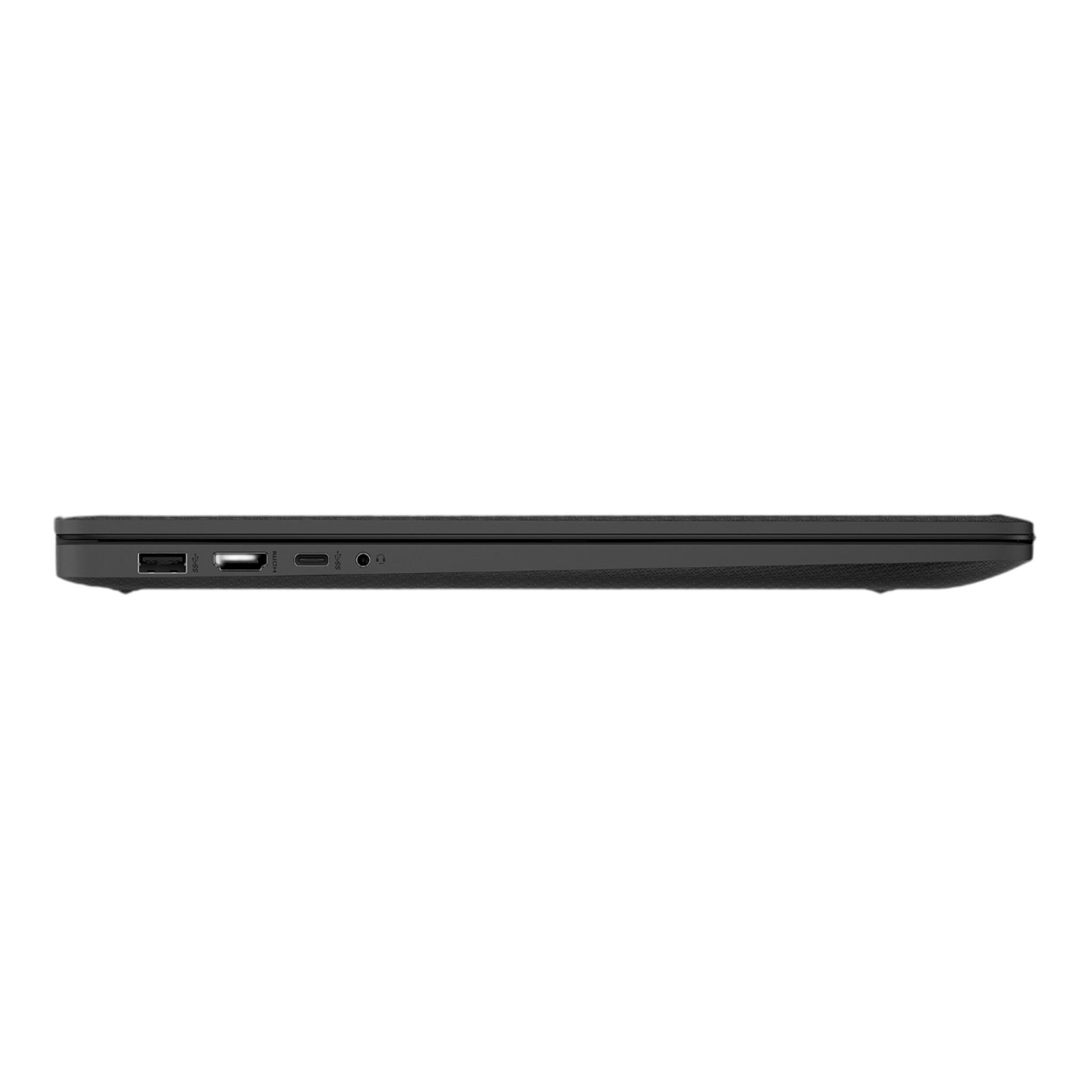 Seitenansicht eines schwarzen Laptops. Sichtbare Anschlüsse sind USB, HDMI, USB-C und Kopfhöreranschluss. Der Hintergrund ist weiß.