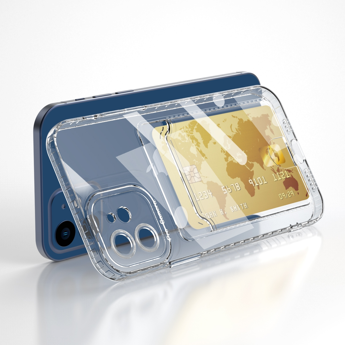 Ein blaues Telefon mit einer durchsichtigen Hülle, die eine goldene Kreditkarte hält. Die Hülle ist abgewinkelt, der Hintergrund ist weiß.