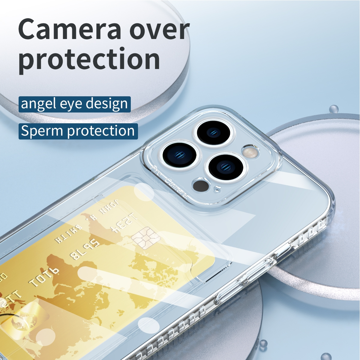 Eine transparente Handyhülle mit einer Kreditkarte darin. Auf der Hülle steht 'Camera over protection' und 'Sperm protection'.