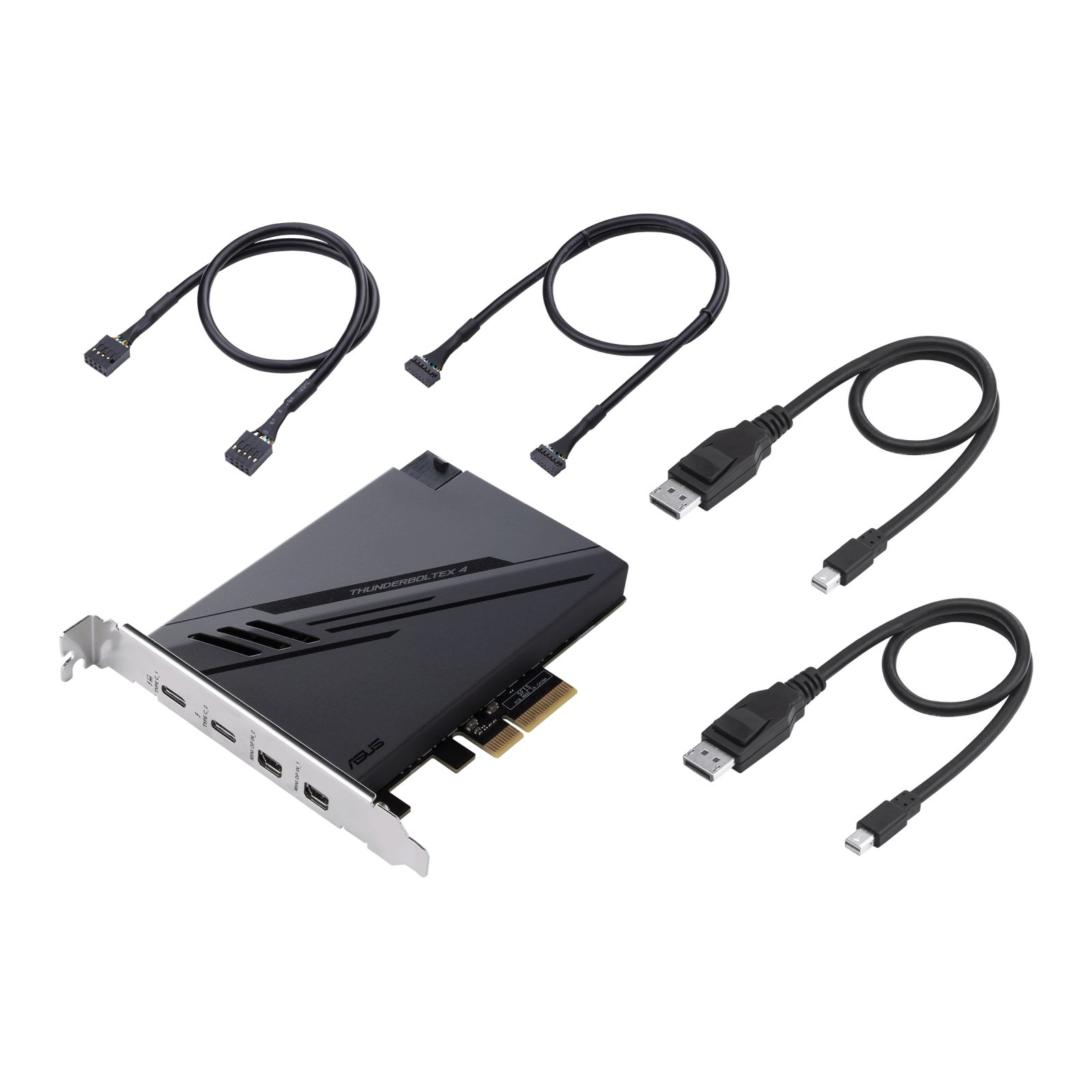 Un componente del computer con cavi. Una scheda nera e argentata, cavi con connettori e sfondo bianco.