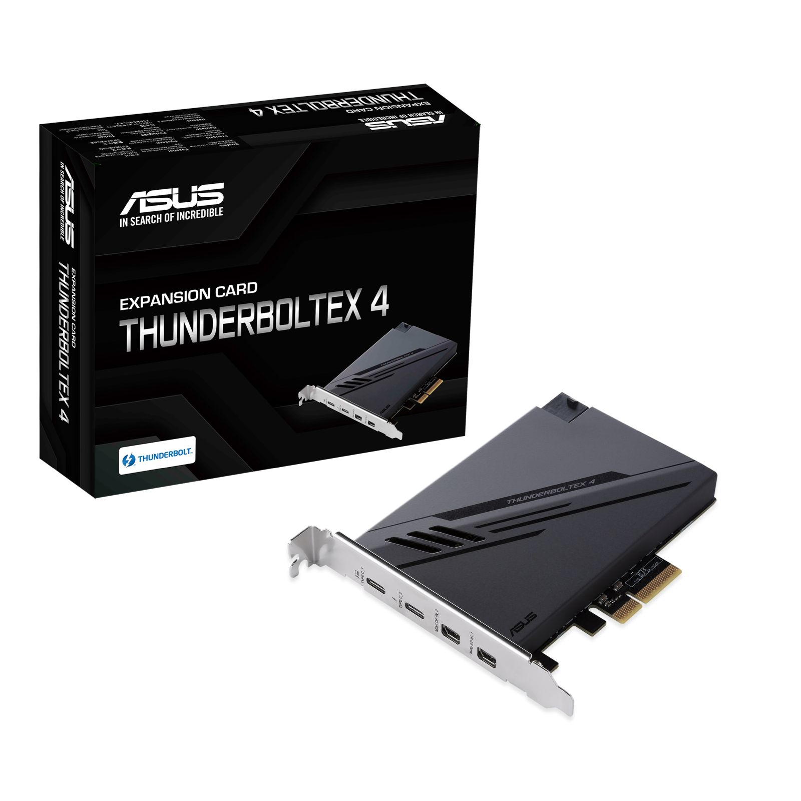 Una scheda di espansione ASUS Thunderbolt 4 e la sua scatola. La scheda è nera e argento, con porte. La scatola è nera e bianca.