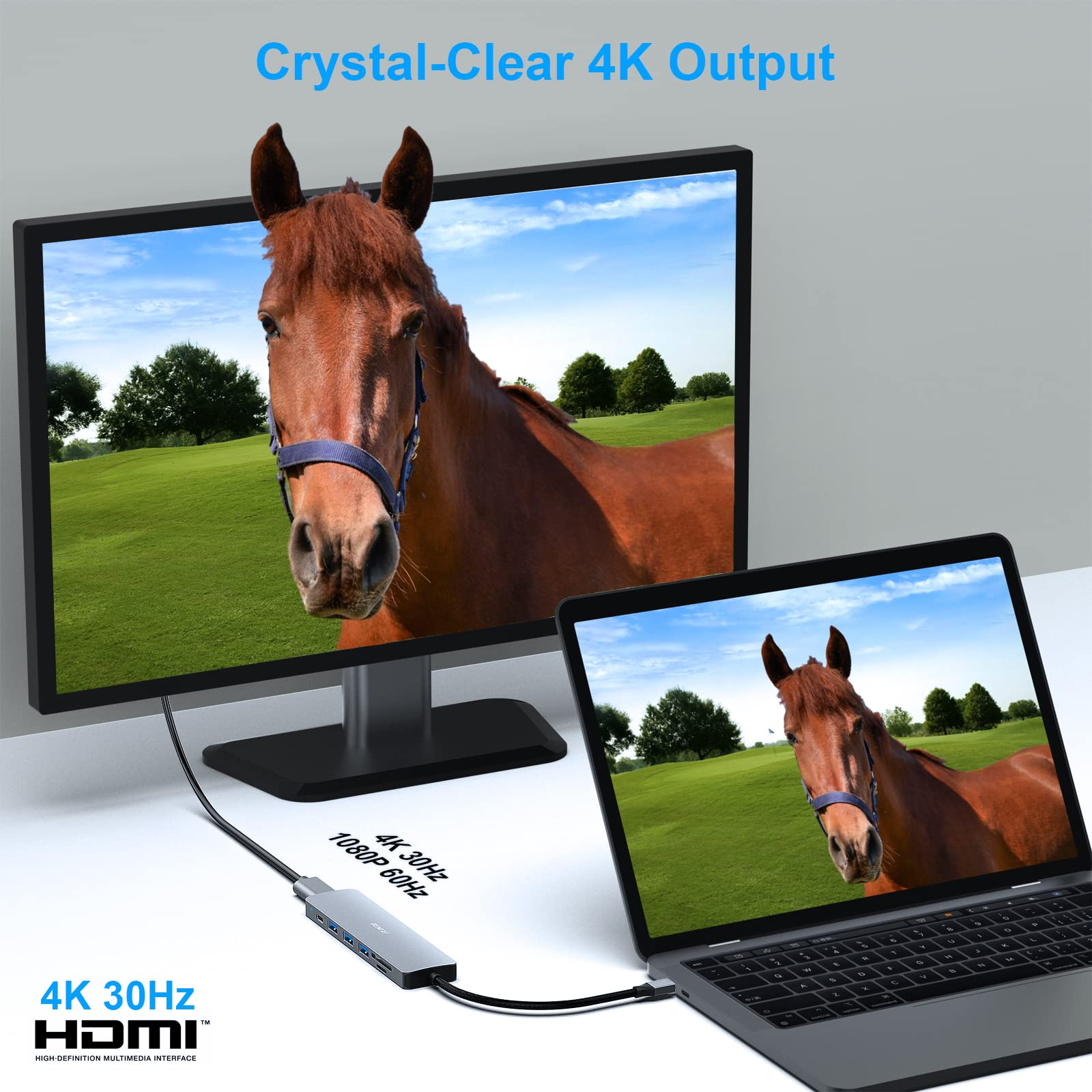 Ein Laptop und ein Monitor zeigen ein Pferd. Ein Hub verbindet sie, mit Text: Crystal-Clear 4K Output, 4K 30Hz HDMI.