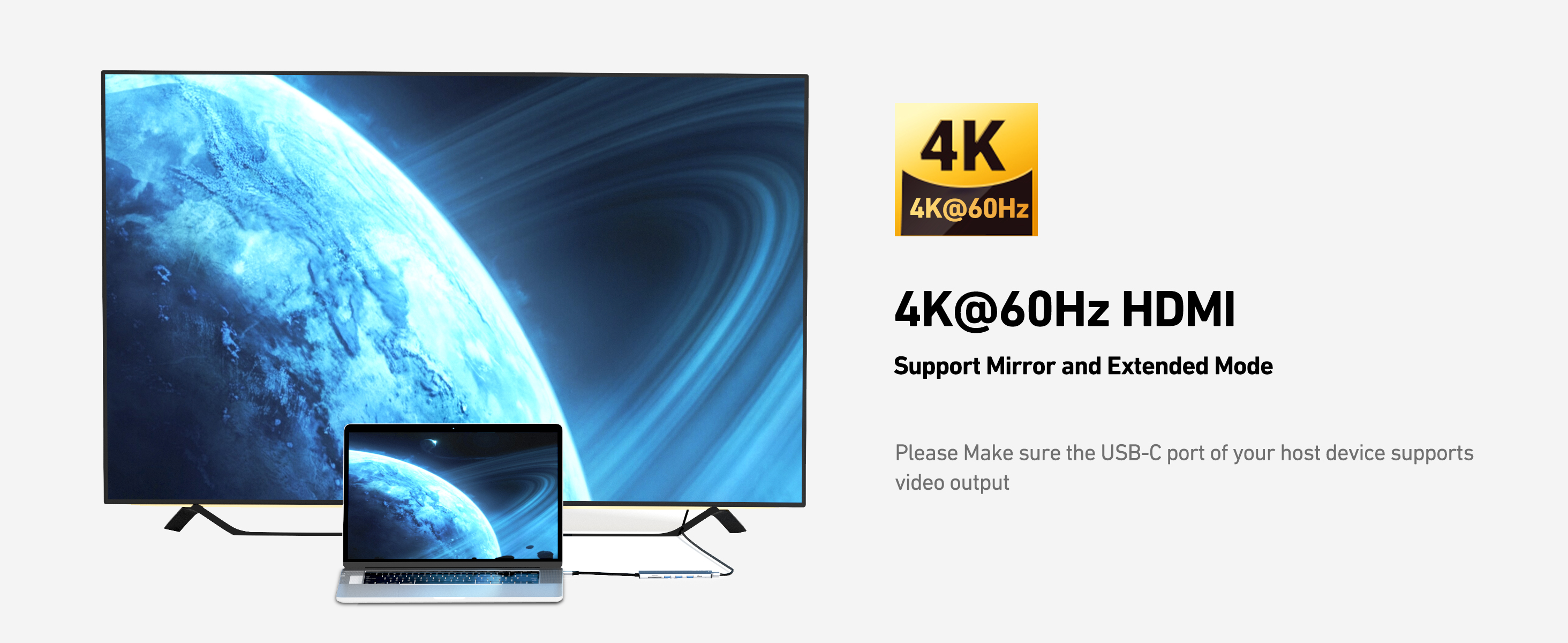Ein Bildschirm zeigt ein Planetenbild. Ein Laptop ist mit dem Bildschirm verbunden. Das Bild hat auch ein 4K@60Hz HDMI Logo.