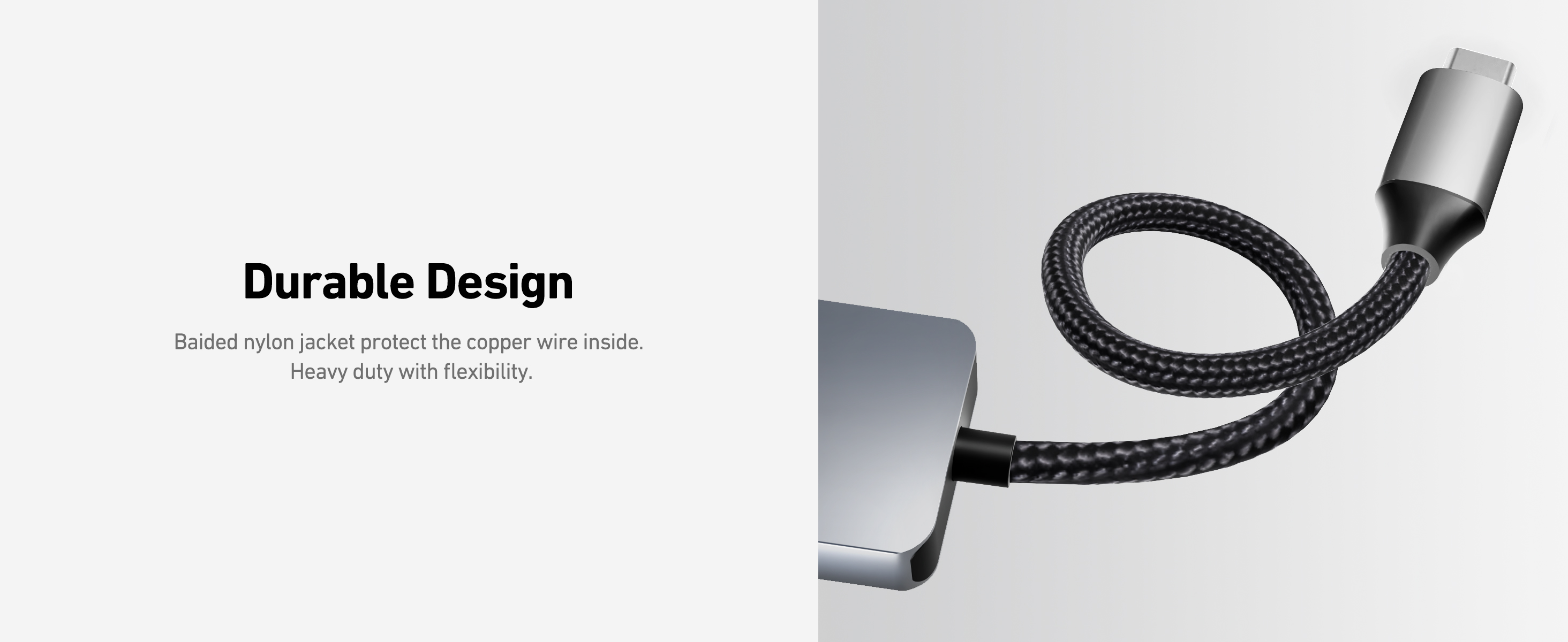 Ein schwarzes, geflochtenes USB-C-Kabel mit silbernen Steckern. Der Hintergrund ist weiß.