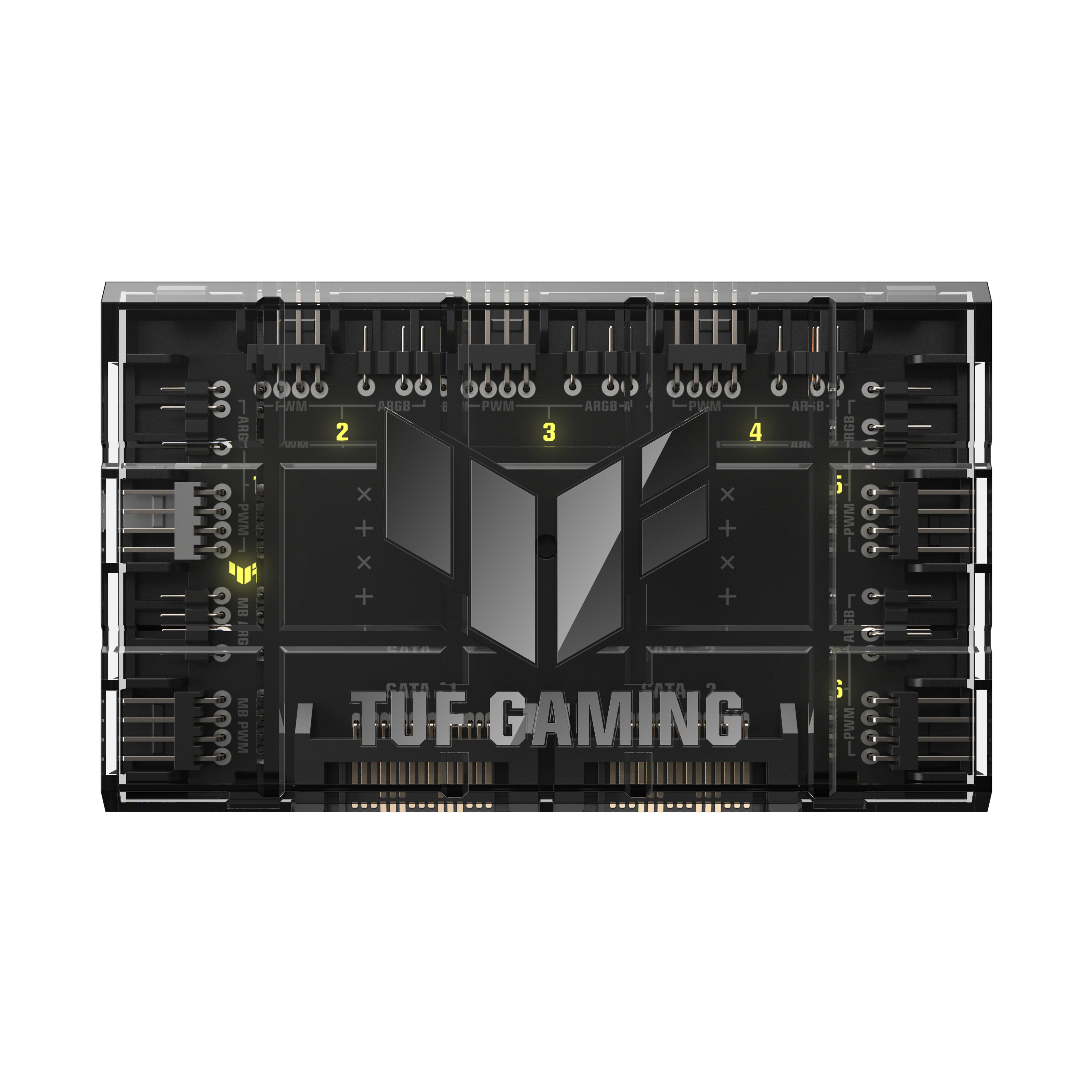 Scheda circuito nera con logo TUF GAMING e vari connettori. I numeri 2,3,4 sono visibili.