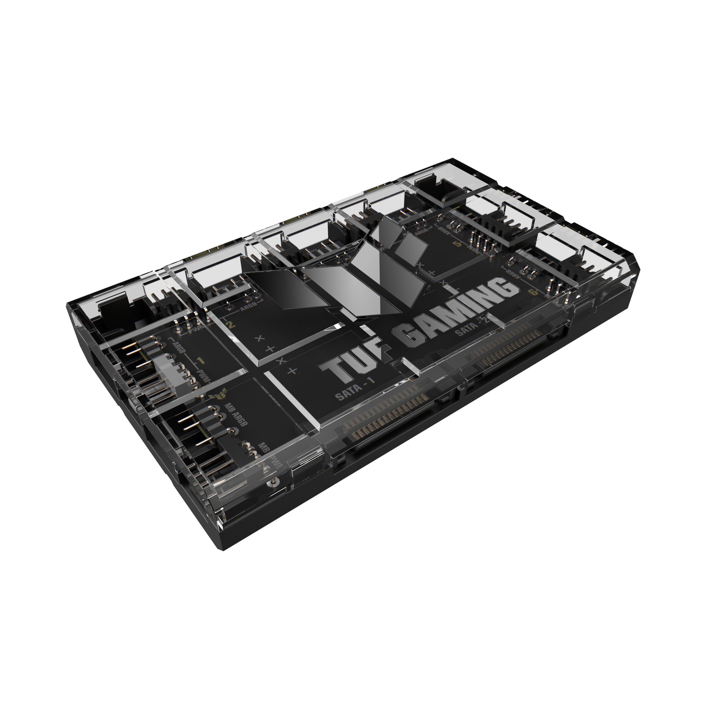 Un componente per computer nero e trasparente con la scritta TUF GAMING. Ha più connettori e una porta SATA.