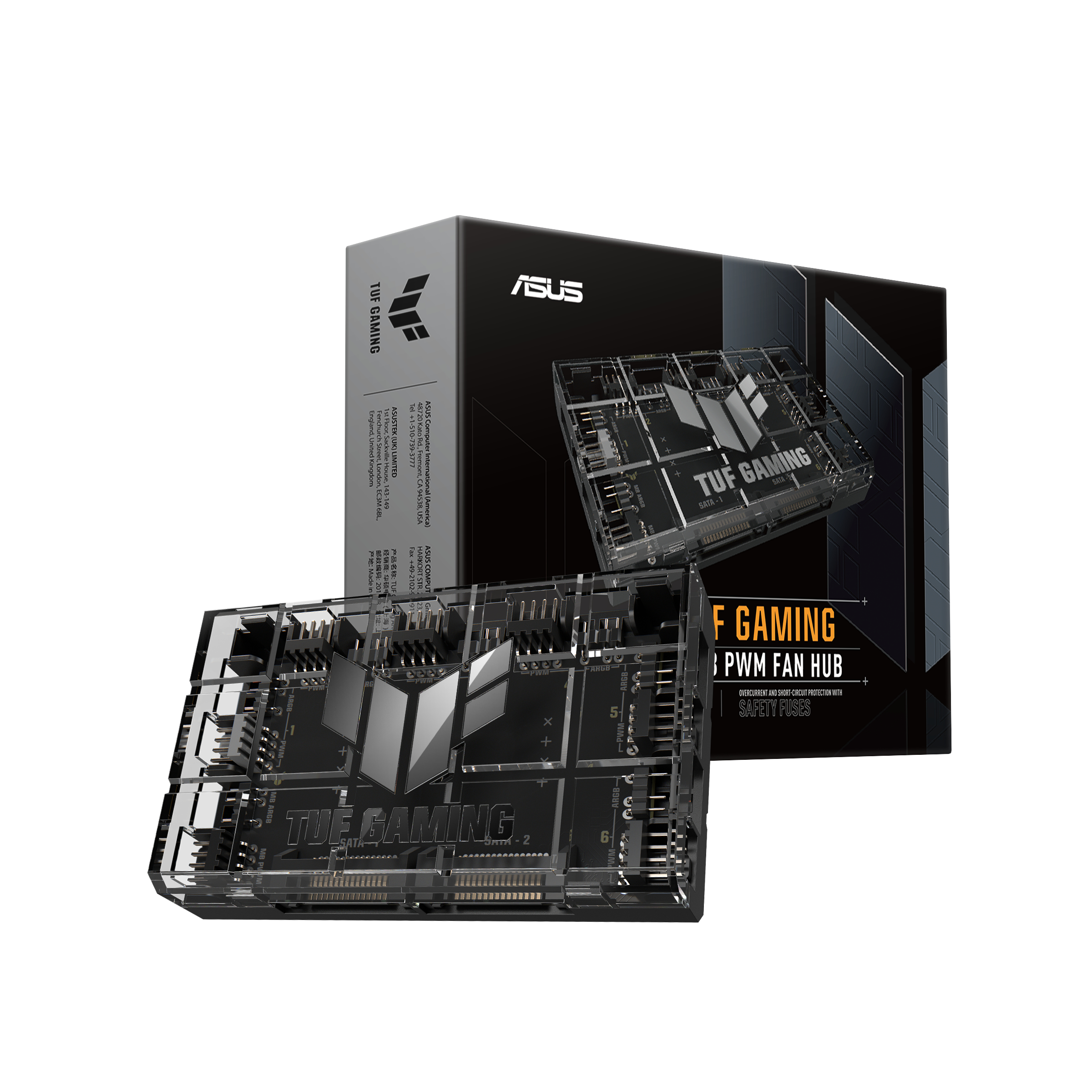 Un hub ventola PWM Asus TUF Gaming nero e grigio. Una scatola con l'hub è dietro.