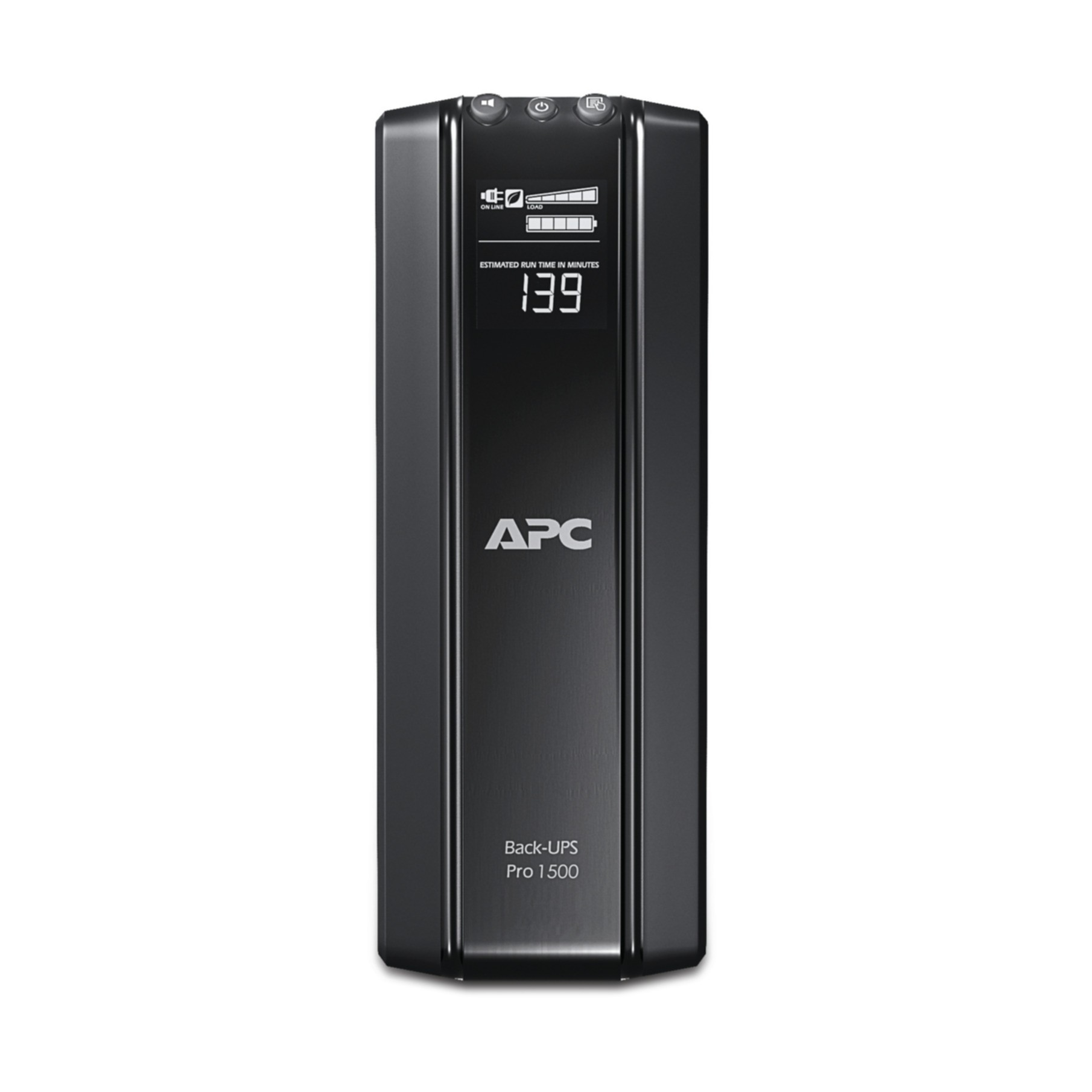 Ein schwarzes APC Back-UPS Pro 1500. Es hat ein Display mit 139 Minuten geschätzter Laufzeit.