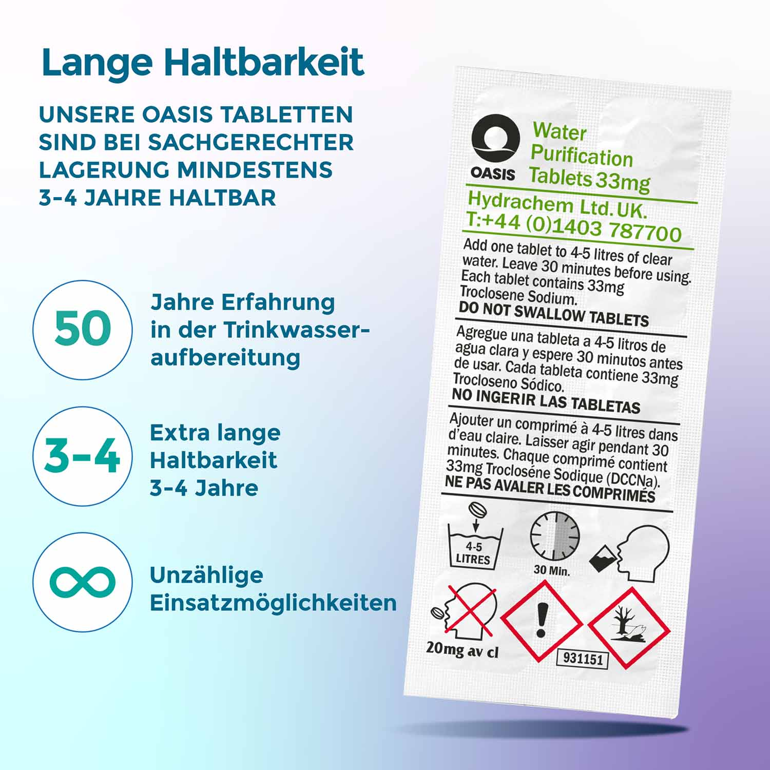 Weißer Beutel mit Text und Symbolen. Beschreibt Wasserreinigungstabletten. Anweisungen umfassen das Hinzufügen zum Wasser und 30 Minuten warten.