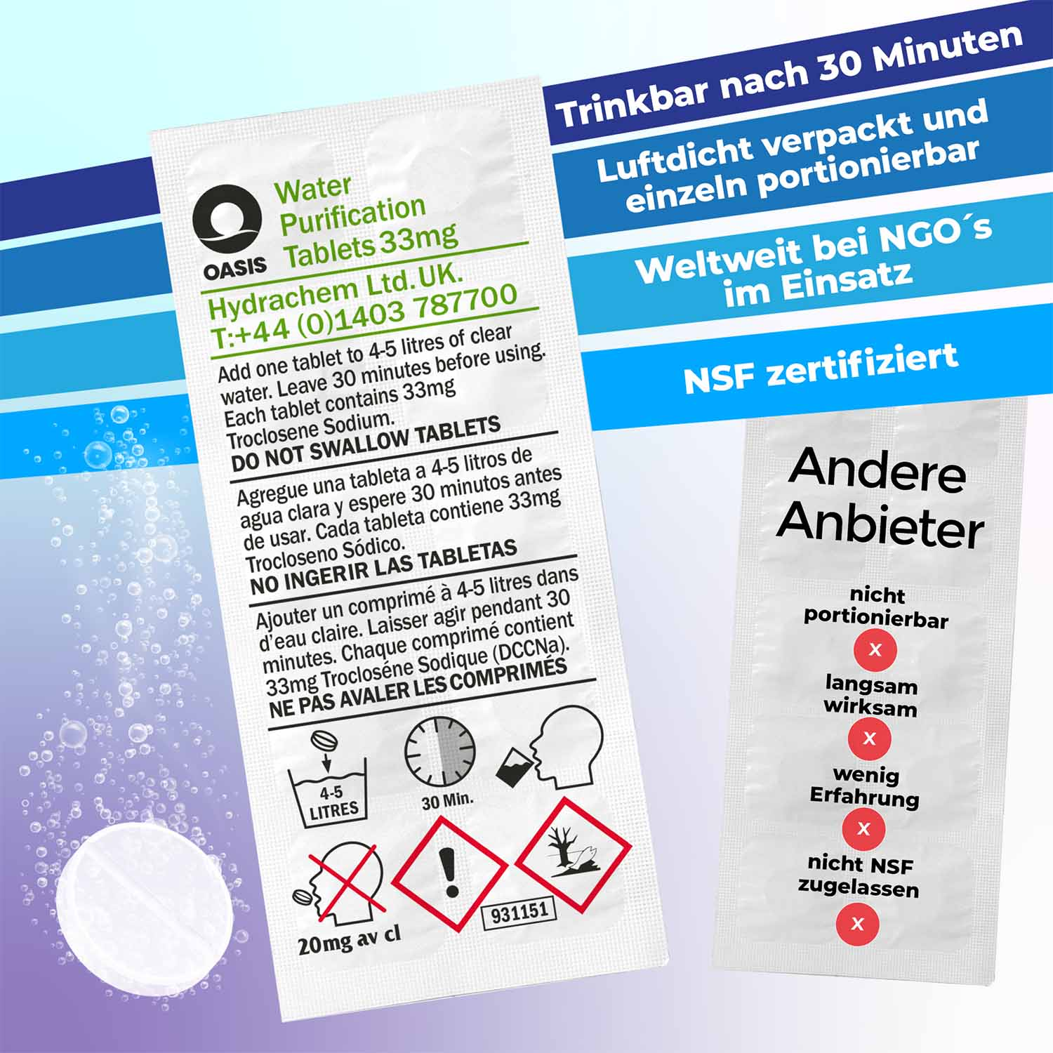 Wasserreinigungstabletten in einer weißen Packung. Anweisungen auf Englisch, Spanisch und Französisch, mit Sicherheitshinweisen.