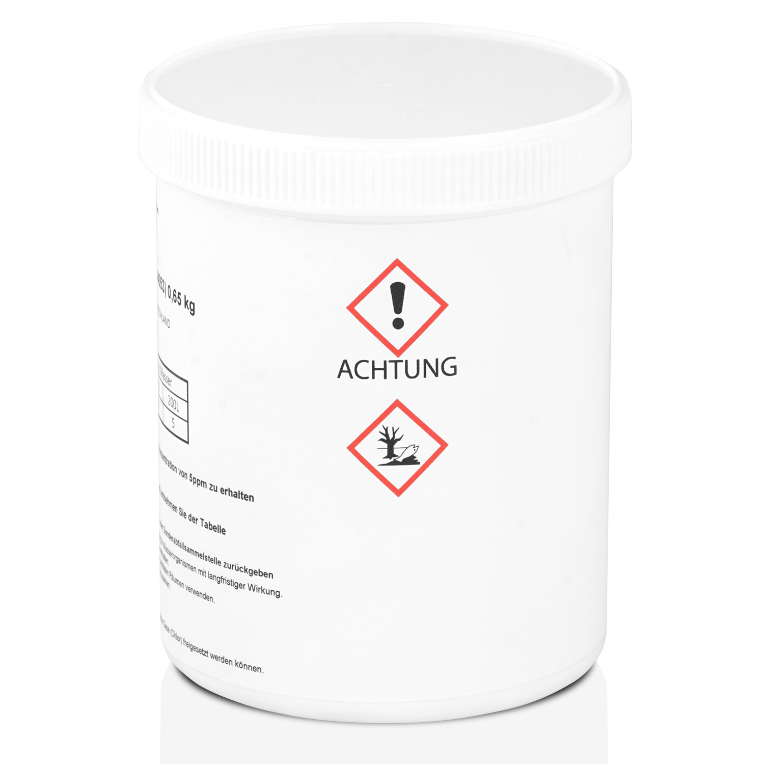 Weißer Behälter mit Warnhinweisen. Enthält ein Ausrufezeichen und ein Baum-Symbol. Text enthält 'ACHTUNG' und Gewichtsangaben.