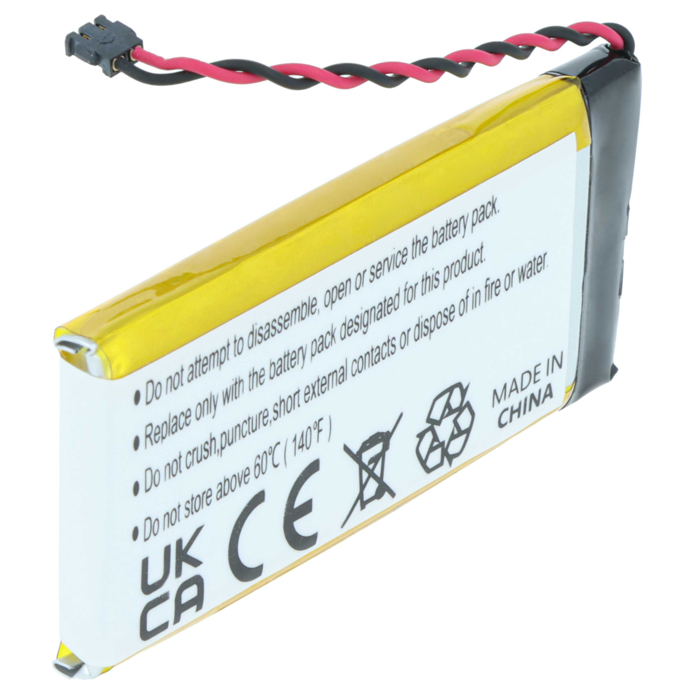 Ein Akkupack mit Drähten und Stecker. Es hat ein gelbes und schwarzes Gehäuse. Der Text enthält Warnungen und 'Made in China'.