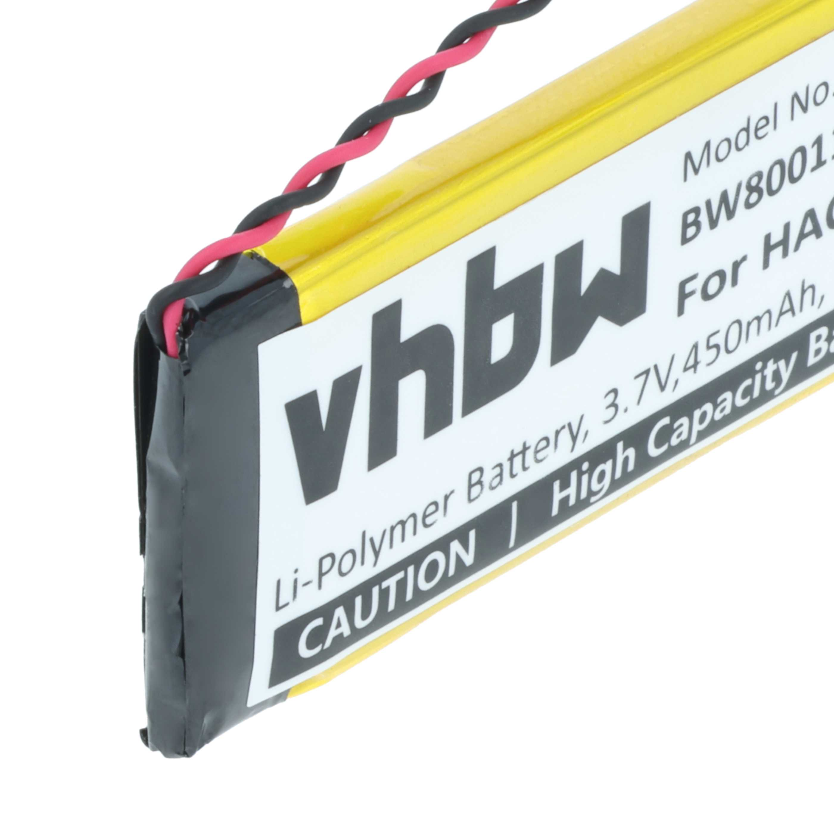 Nahaufnahme einer gelben vhbw-Batterie mit schwarzen und roten Drähten. Text enthält Modell, Spannung und 'Vorsicht'.