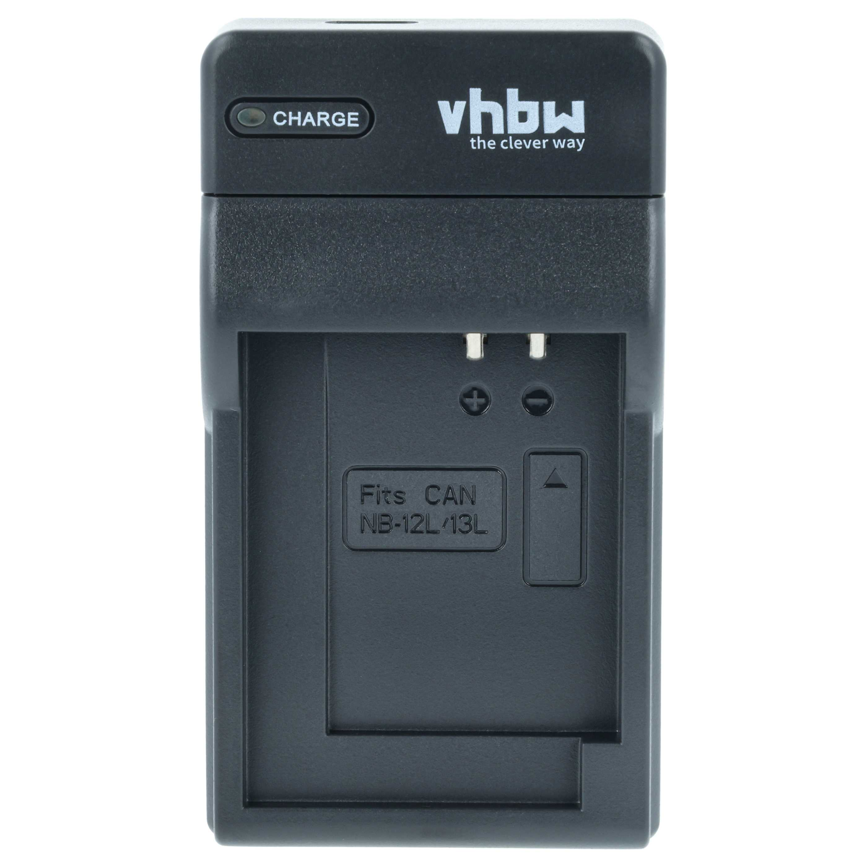 Schwarzes Batterieladegerät mit den Aufschriften 'CHARGE' und 'vhbw'. Es hat eine Ladeanzeige und Steckplätze.