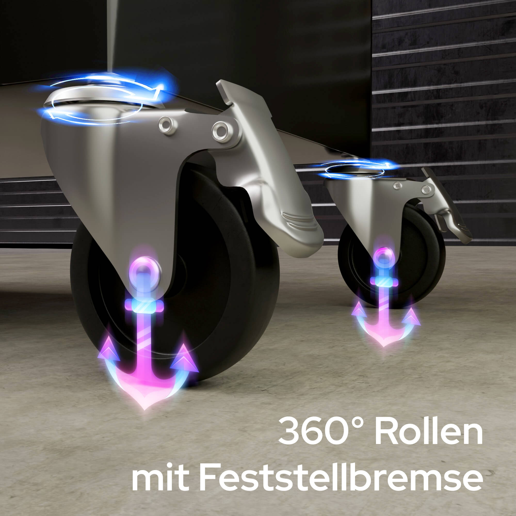 Deux roulettes argentées avec des roues noires. Des icônes d'ancre lumineuses et du texte : '360° Rollen mit Feststellbremse'.