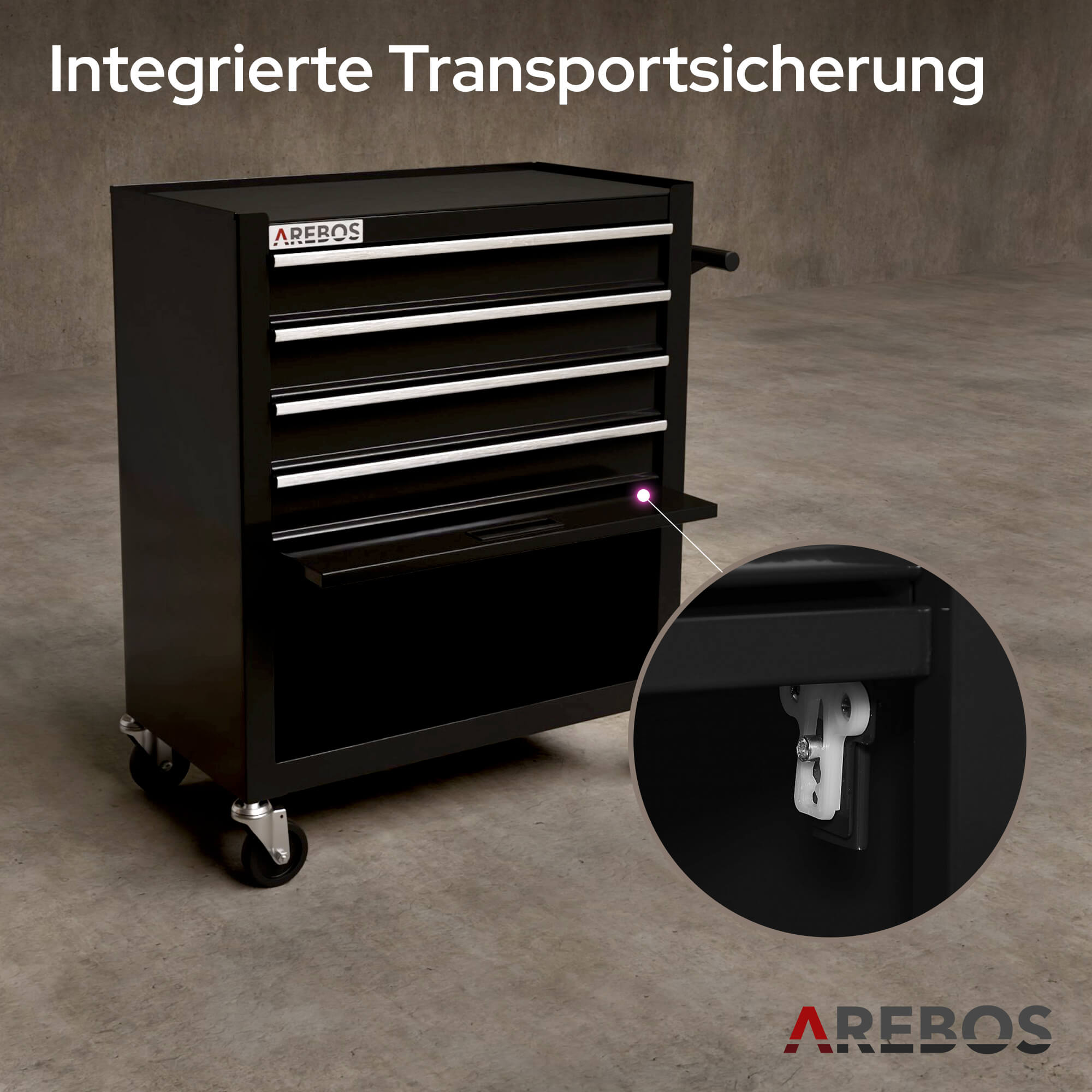 Armoire à outils noire avec tiroir ouvert, sur roulettes. Détail du verrou de transport. Logo AREBOS.