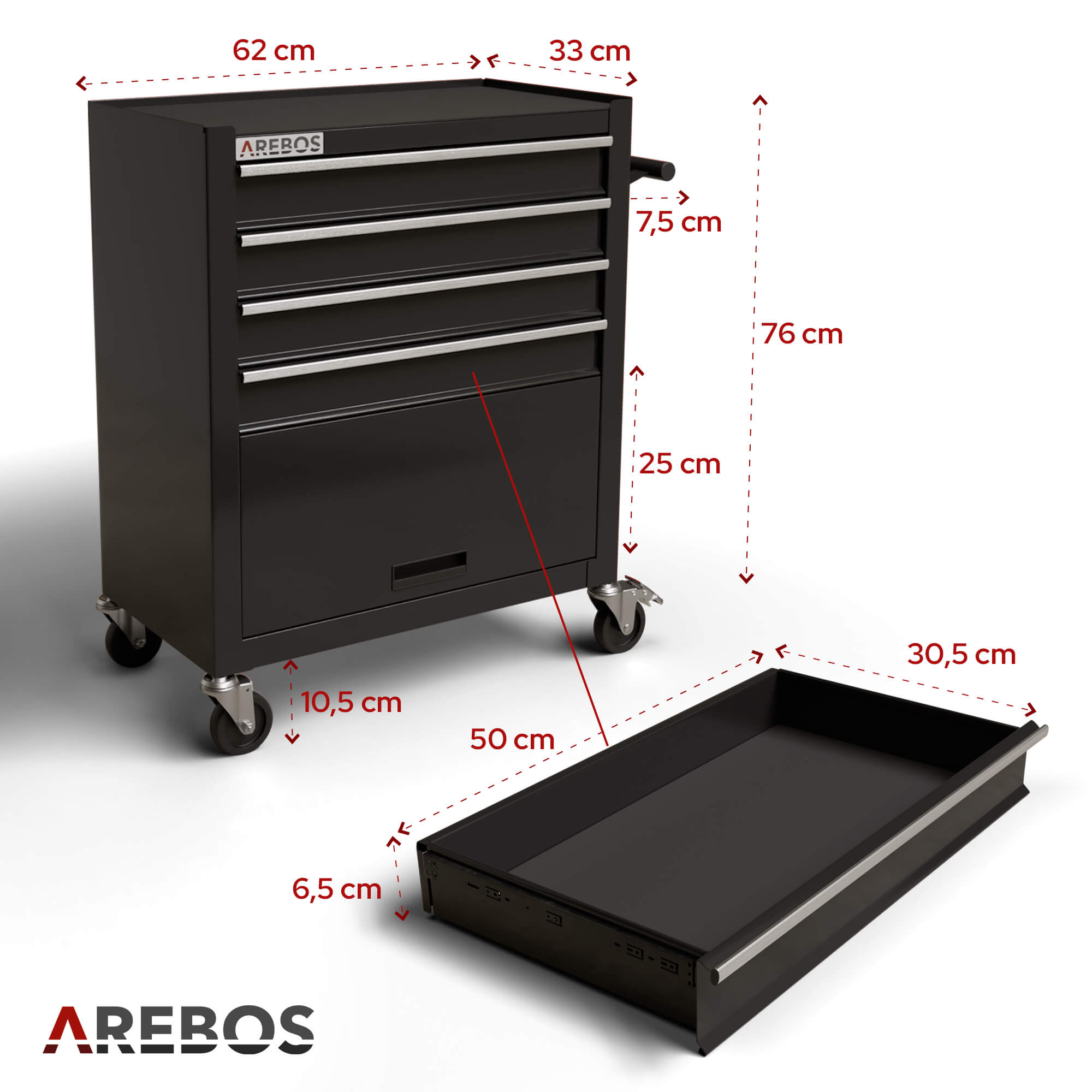 Armoire à outils en métal noir avec quatre tiroirs et un grand compartiment inférieur, dimensions affichées. Un tiroir ouvert est également montré.
