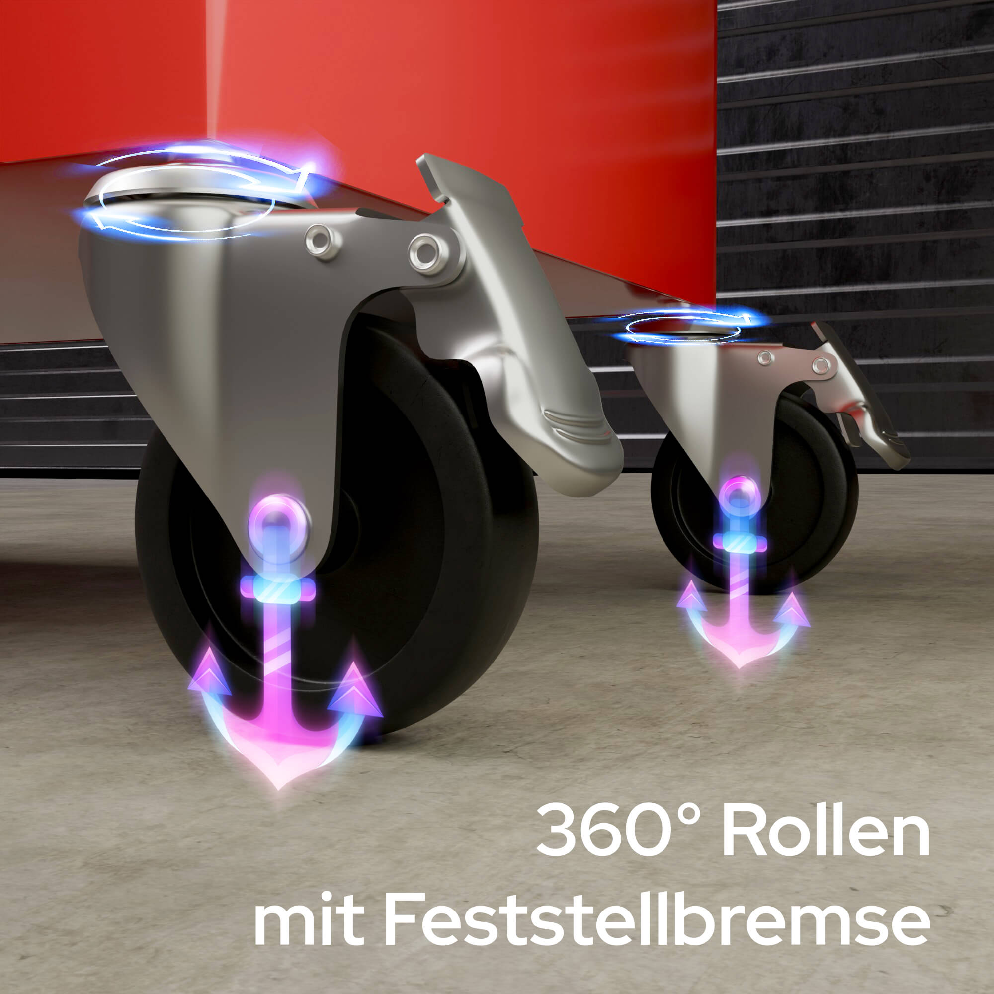 Zwei Lenkrollen mit Bremsen. Die Räder sind schwarz, Metallteile silber. Eine Ankergrafik zeigt die Bremsfunktion an.