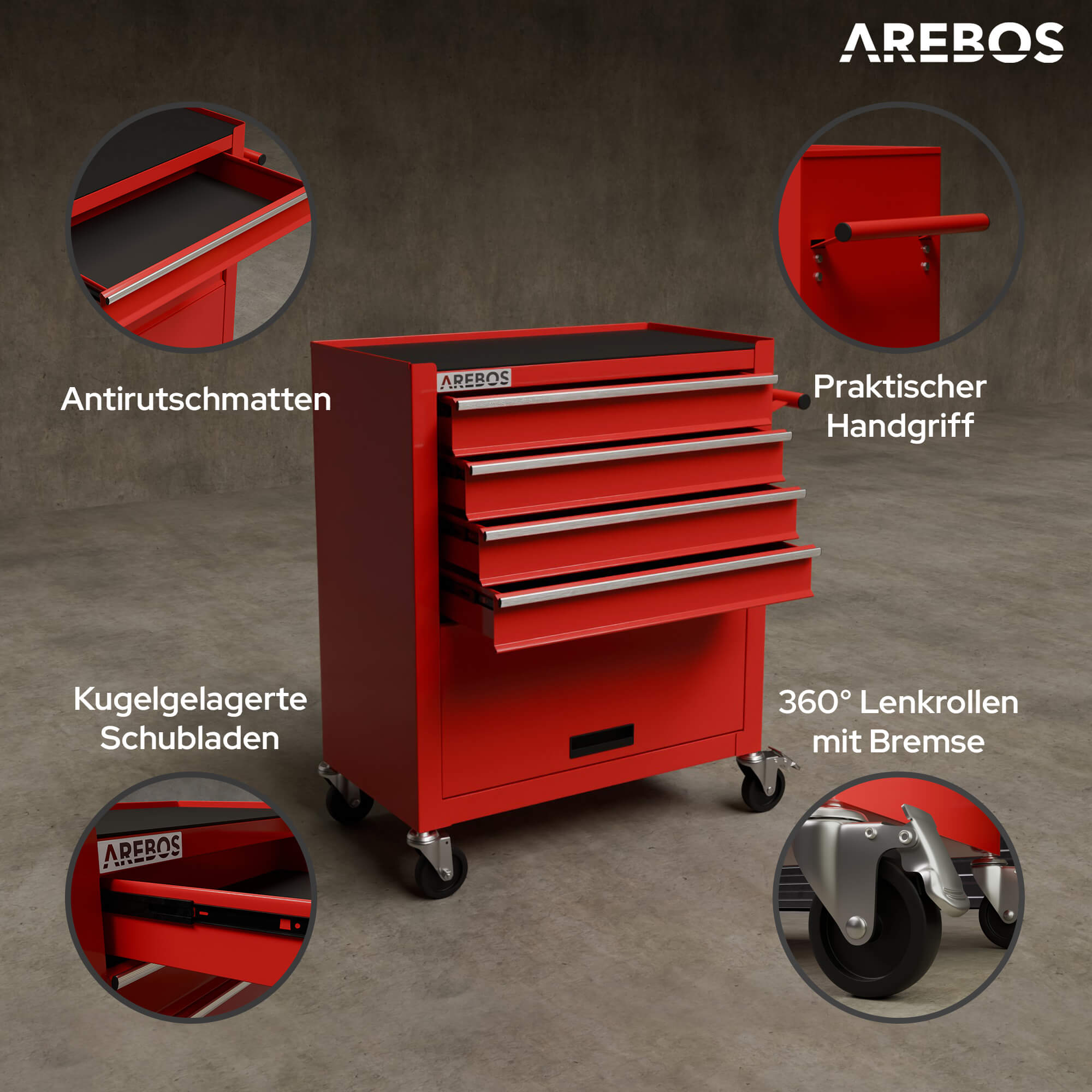 Roter AREBOS Werkzeugschrank mit offenen Schubladen. Merkmale sind Anti-Rutschmatten, kugelgelagerte Schubladen, Griff und Rollen mit Bremsen.