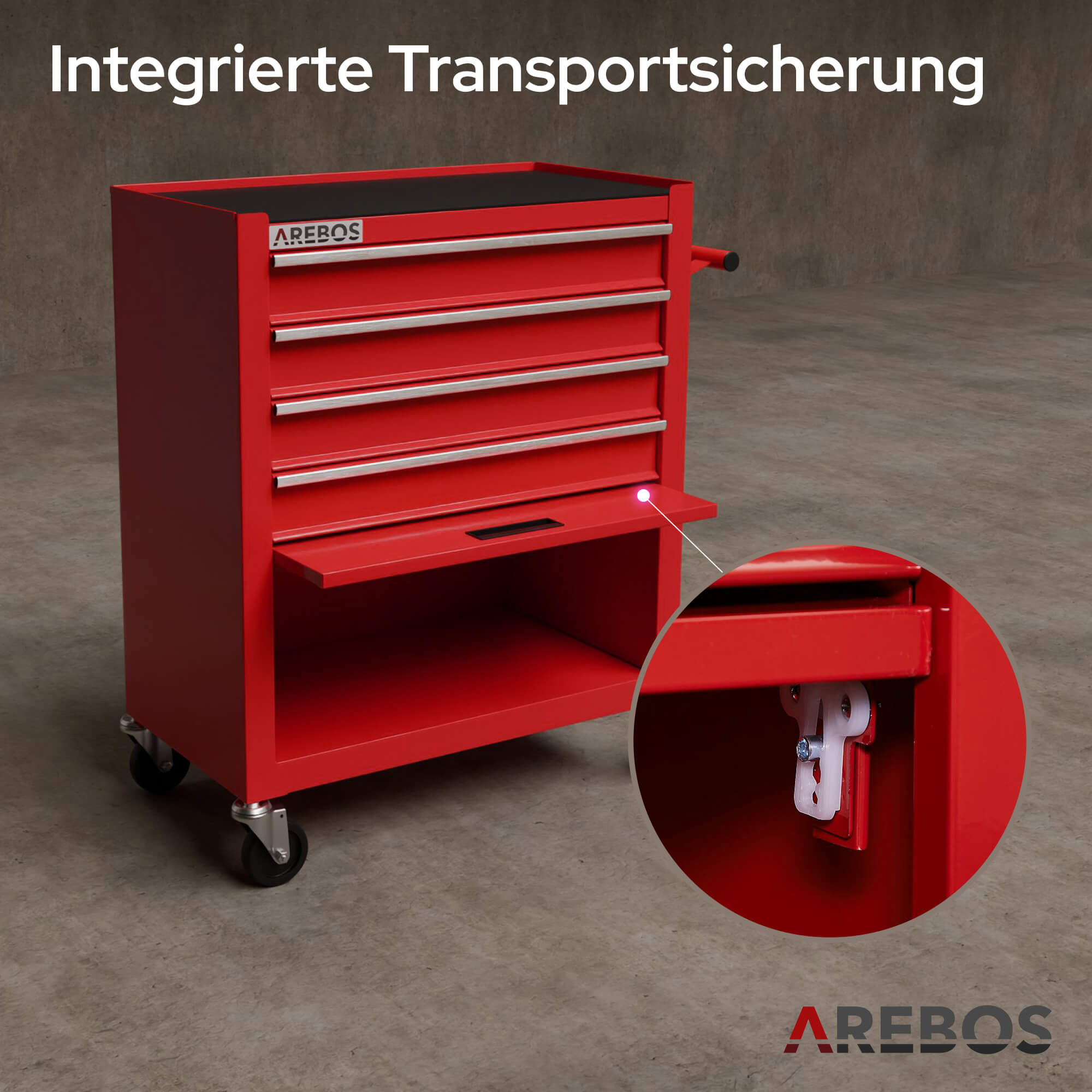 Roter Werkzeugschrank mit Schubladen. Eine Nahaufnahme zeigt einen weißen Clip-Mechanismus. Unten befindet sich das AREBOS-Logo.
