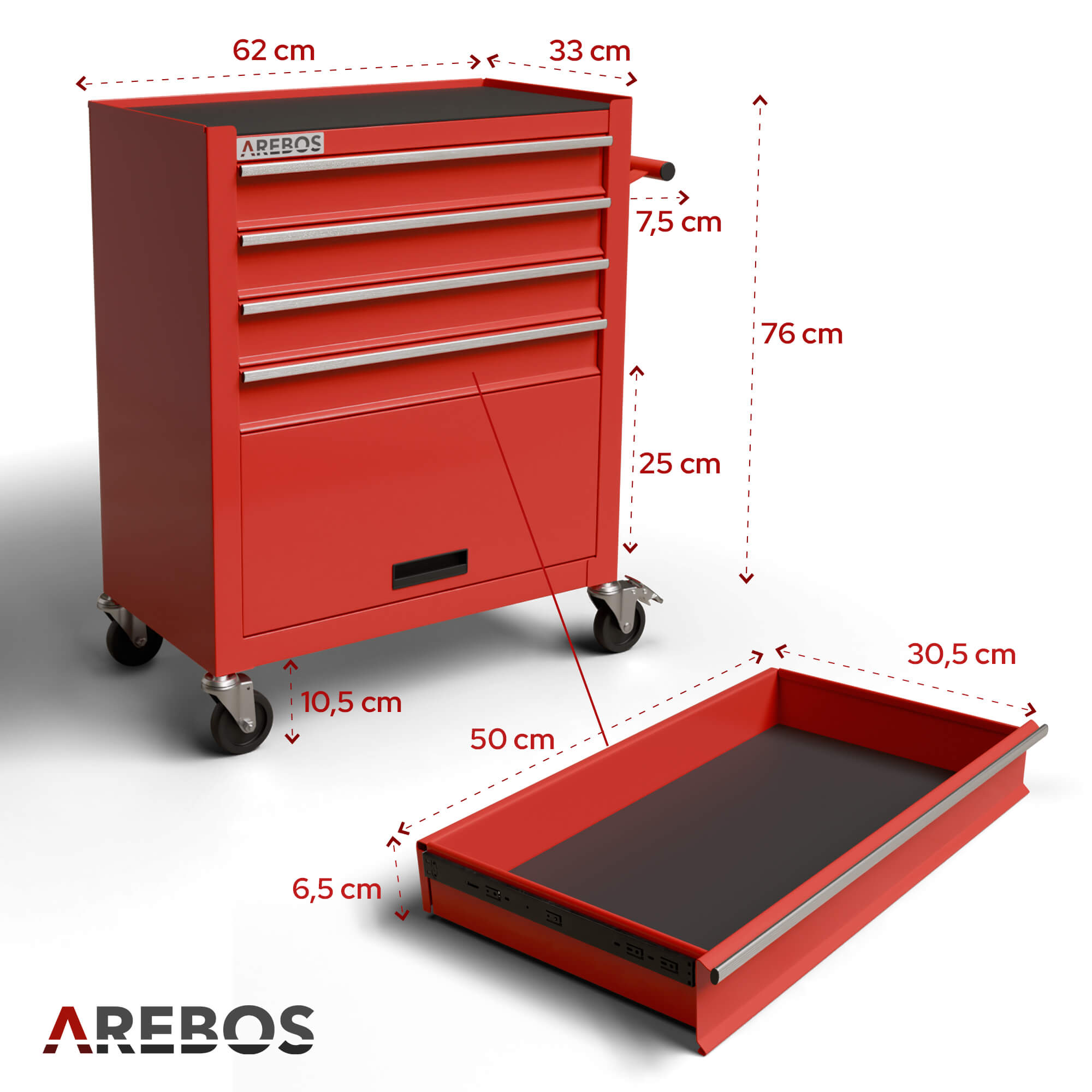 Ein roter Werkzeugschrank mit mehreren Schubladen und einer separaten Schublade auf weißem Untergrund.