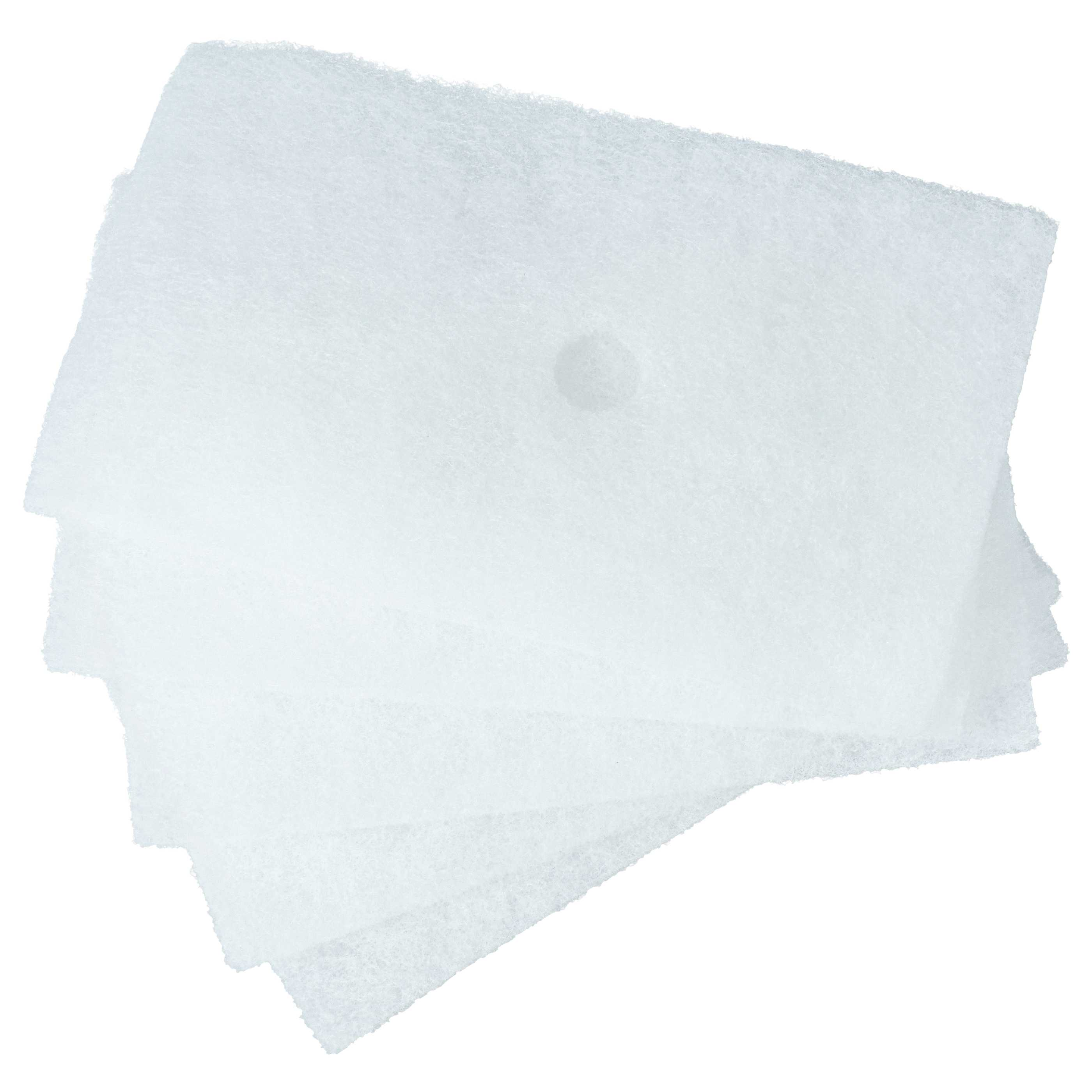 Stapel weißer, rechteckiger, strukturierter Pads, wahrscheinlich zum Reinigen, vor weißem Hintergrund.