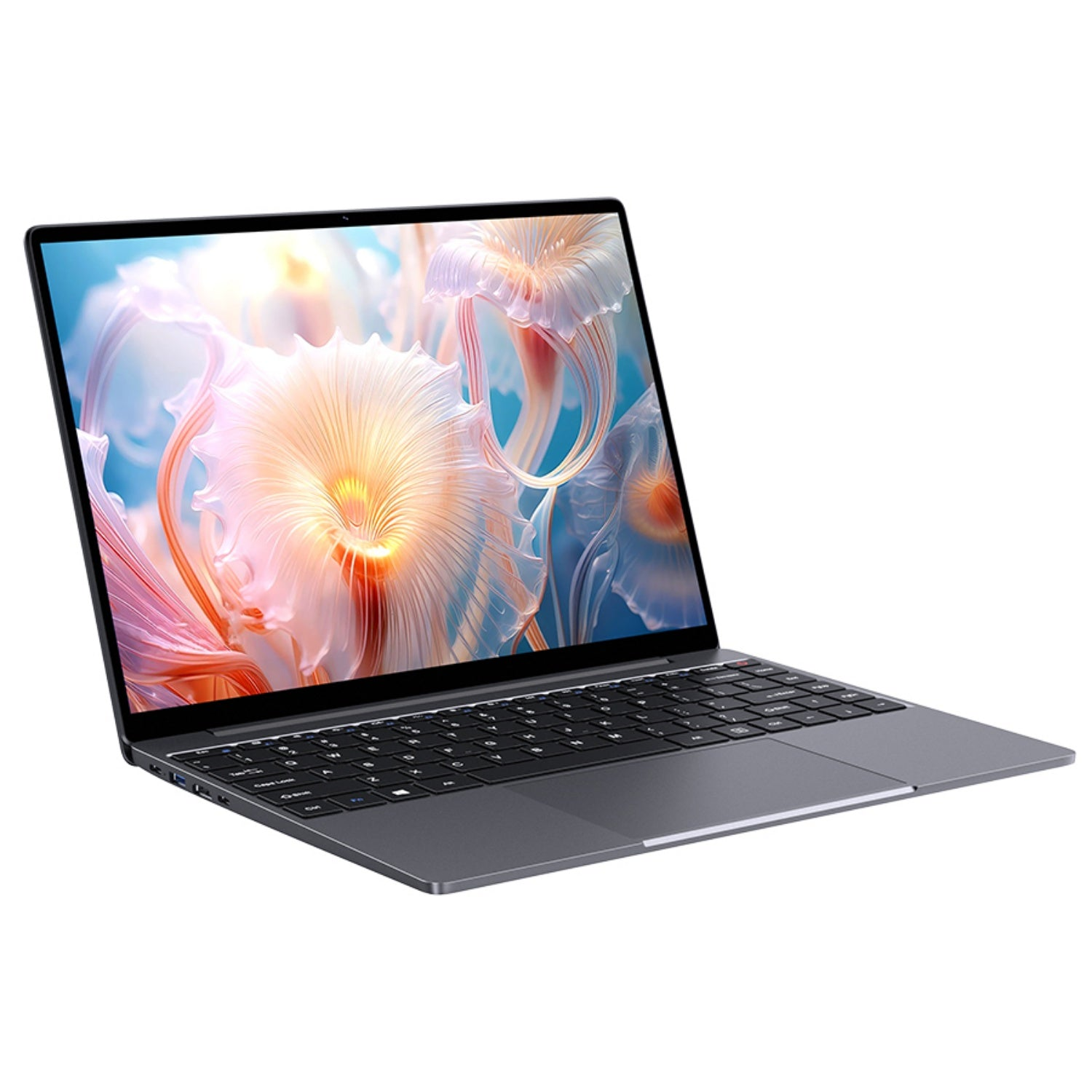 Szary laptop jest otwarty, pokazując na ekranie kolorową ekspozycję kwiatową. Klawiatura jest widoczna, a laptop jest lekko pochylony.