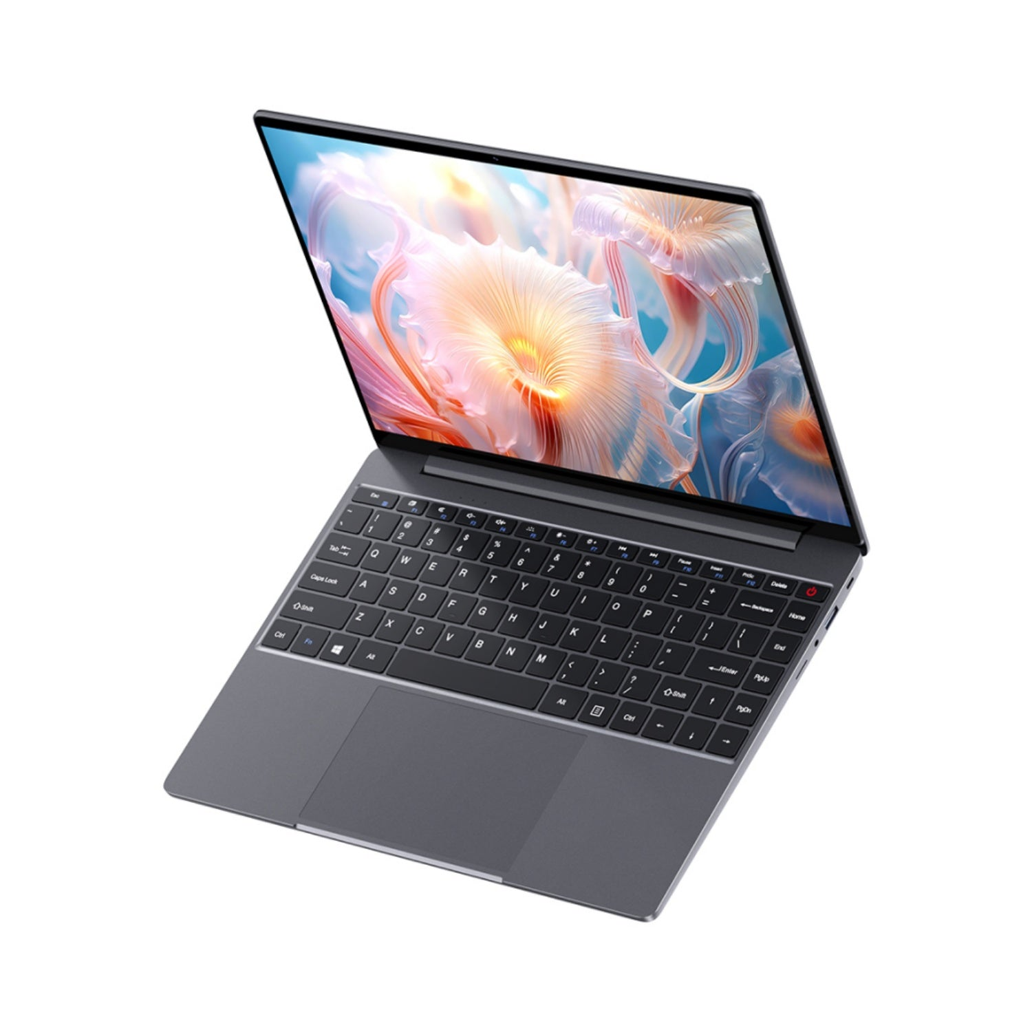 Szary laptop z ekranem wyświetlającym abstrakcyjną sztukę jest otwarty. Klawiatura i gładzik są widoczne na białym tle.