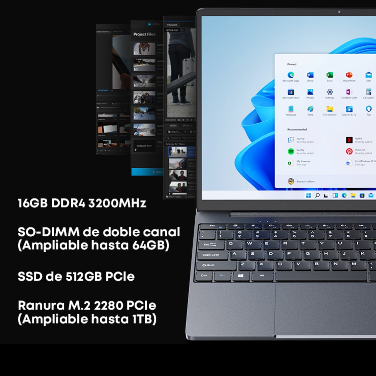 Laptop z interfejsem Windows i aplikacjami. Tekst po lewej pokazuje specyfikacje, takie jak pamięć RAM i pamięć.