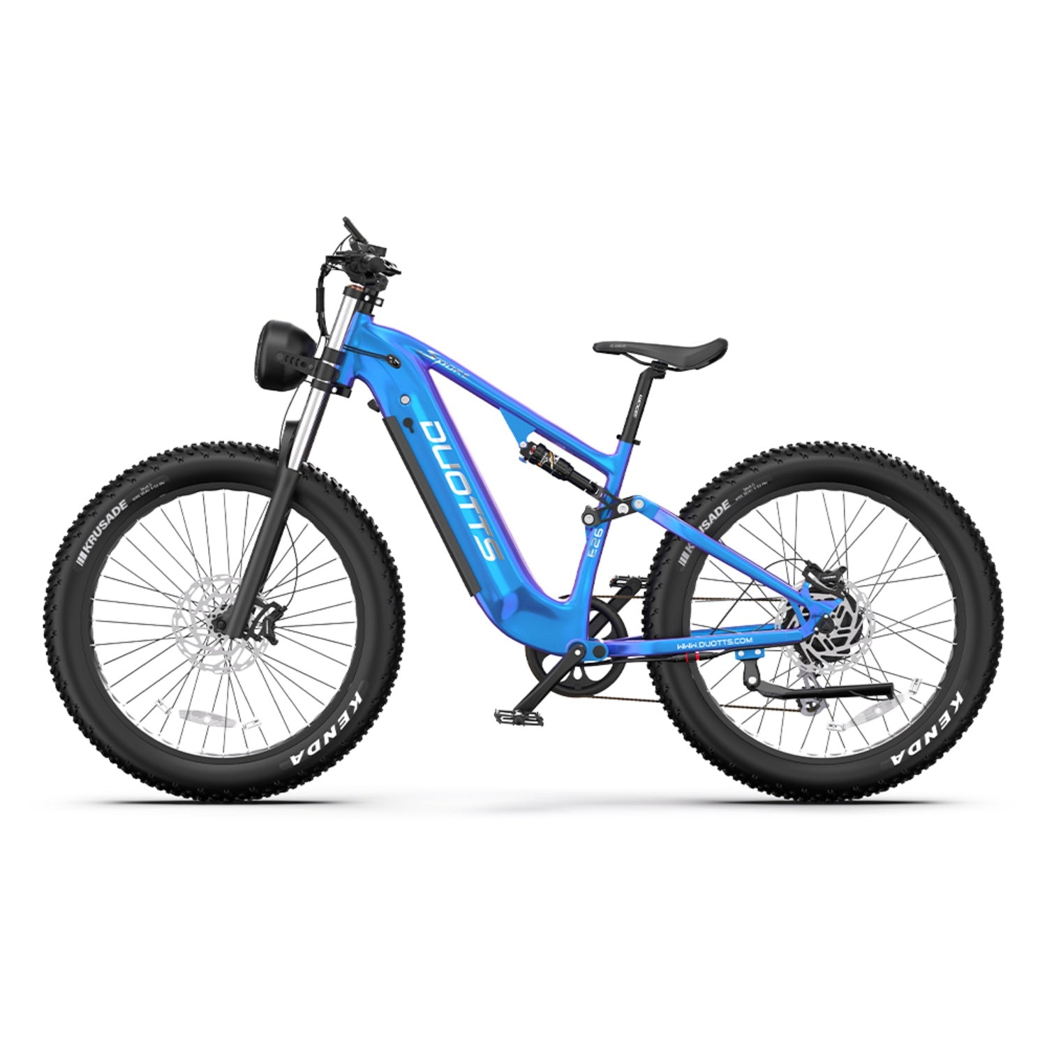 Una mountain bike elettrica blu con pneumatici neri e sella nera. La bici ha il marchio DUOTTS.