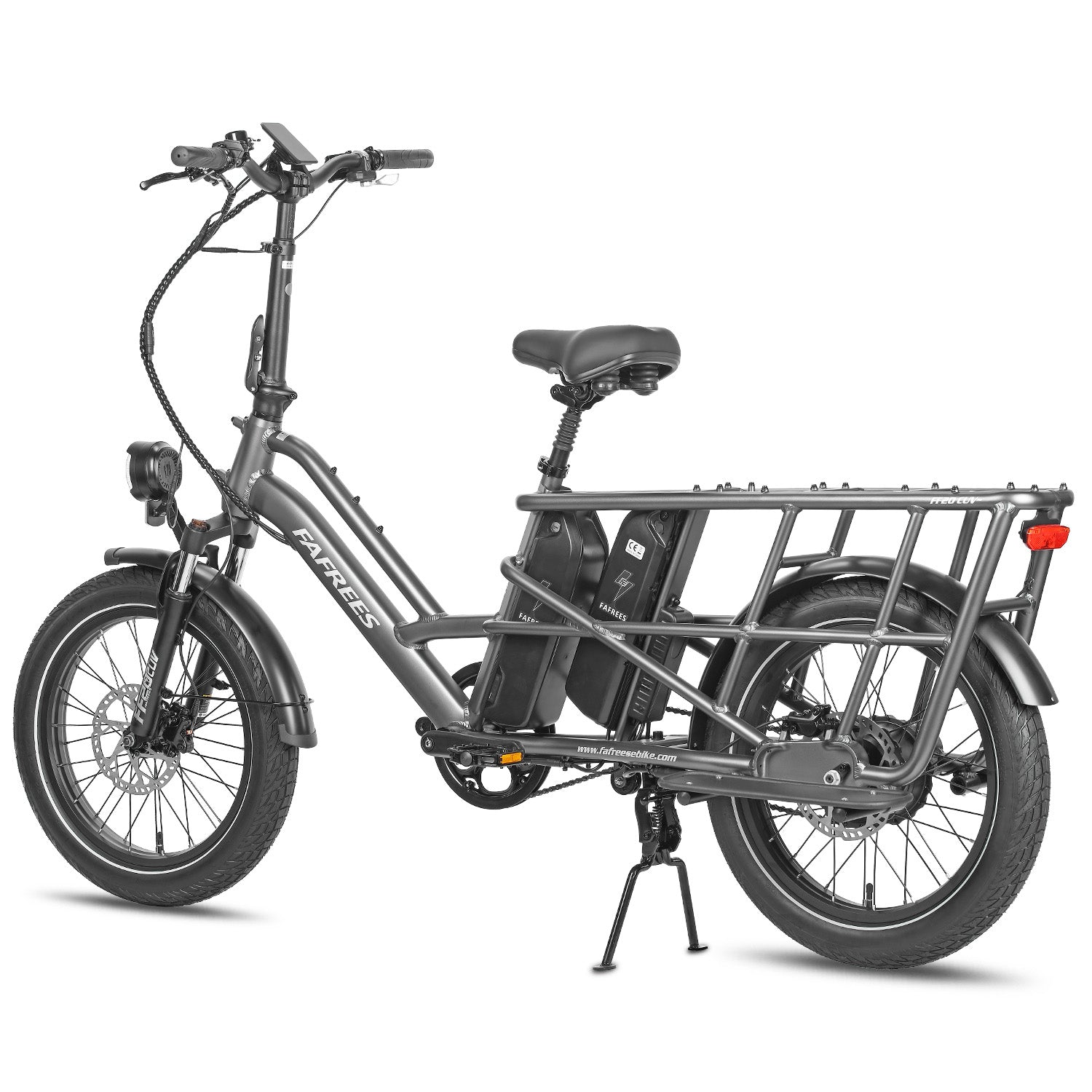 Ein graues FAFREES-Elektrofahrrad wird auf weißem Hintergrund gezeigt. Es hat einen Gepäckträger, einen schwarzen Sitz und zwei Batterien.