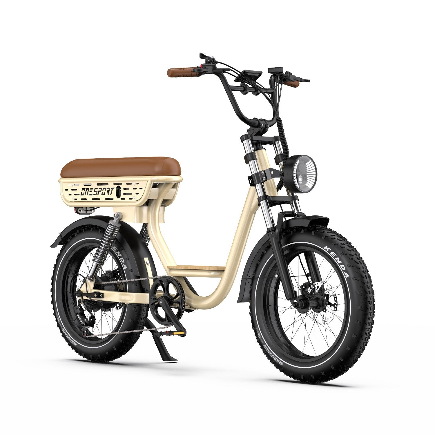 Ein cremefarbenes Elektrofahrrad mit braunem Sitz und Lenker, schwarzen Reifen und einem Scheinwerfer. Das Fahrrad hat den Markennamen OneSport.