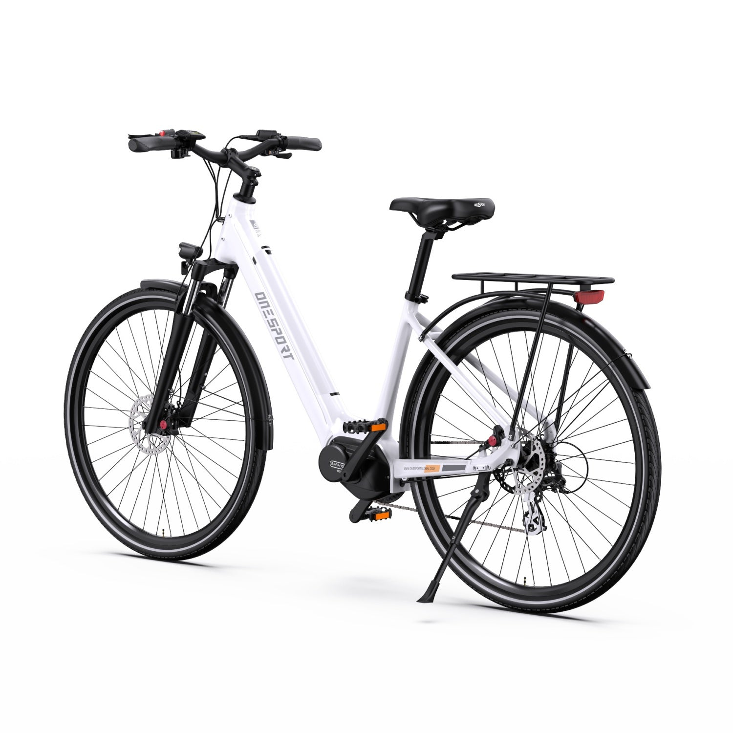 Ein weißes und schwarzes Onesport-Elektrofahrrad ist auf weißem Hintergrund isoliert. Es hat einen schwarzen Sitz, Lenker und Reifen.