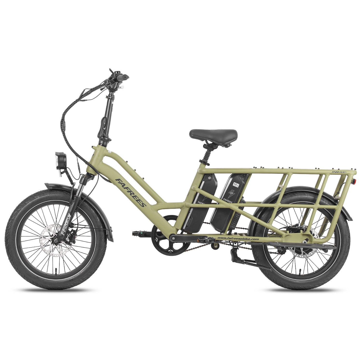 Ein hellgrünes elektrisches Cargobike. Es hat einen großen Heckträger, schwarze Reifen und zwei Akkus. Der Markenname ist sichtbar.
