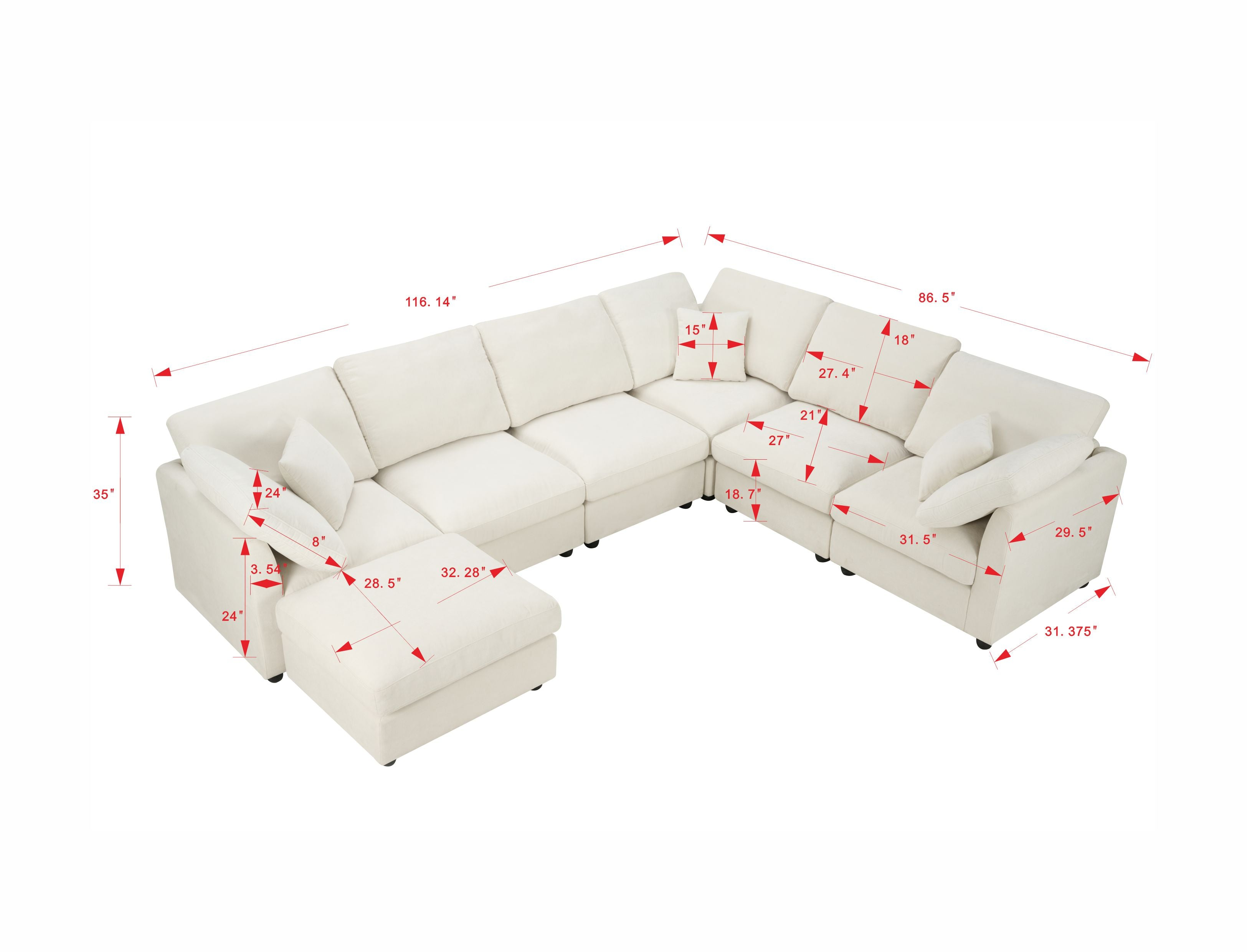Un grande divano componibile bianco sporco con dimensioni etichettate. Include una chaise longue e vari cuscini.