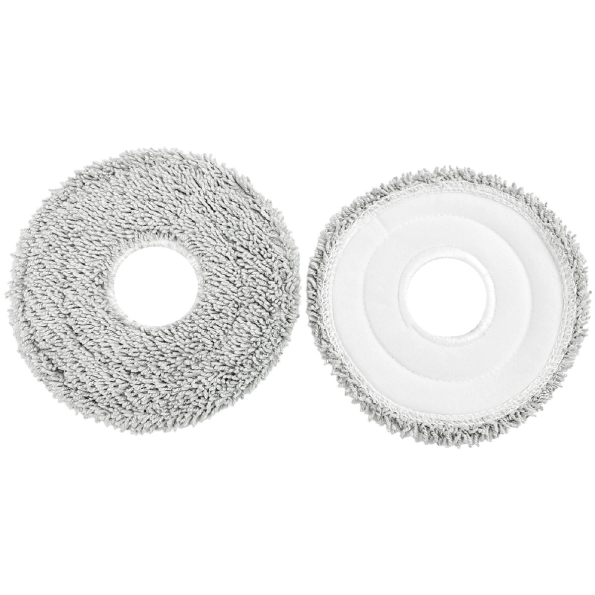 Dwie okrągłe nakładki do czyszczenia. Jedna jest szara, puszysta. Druga jest biała z szarymi obwódkami. Obie mają centralny otwór.