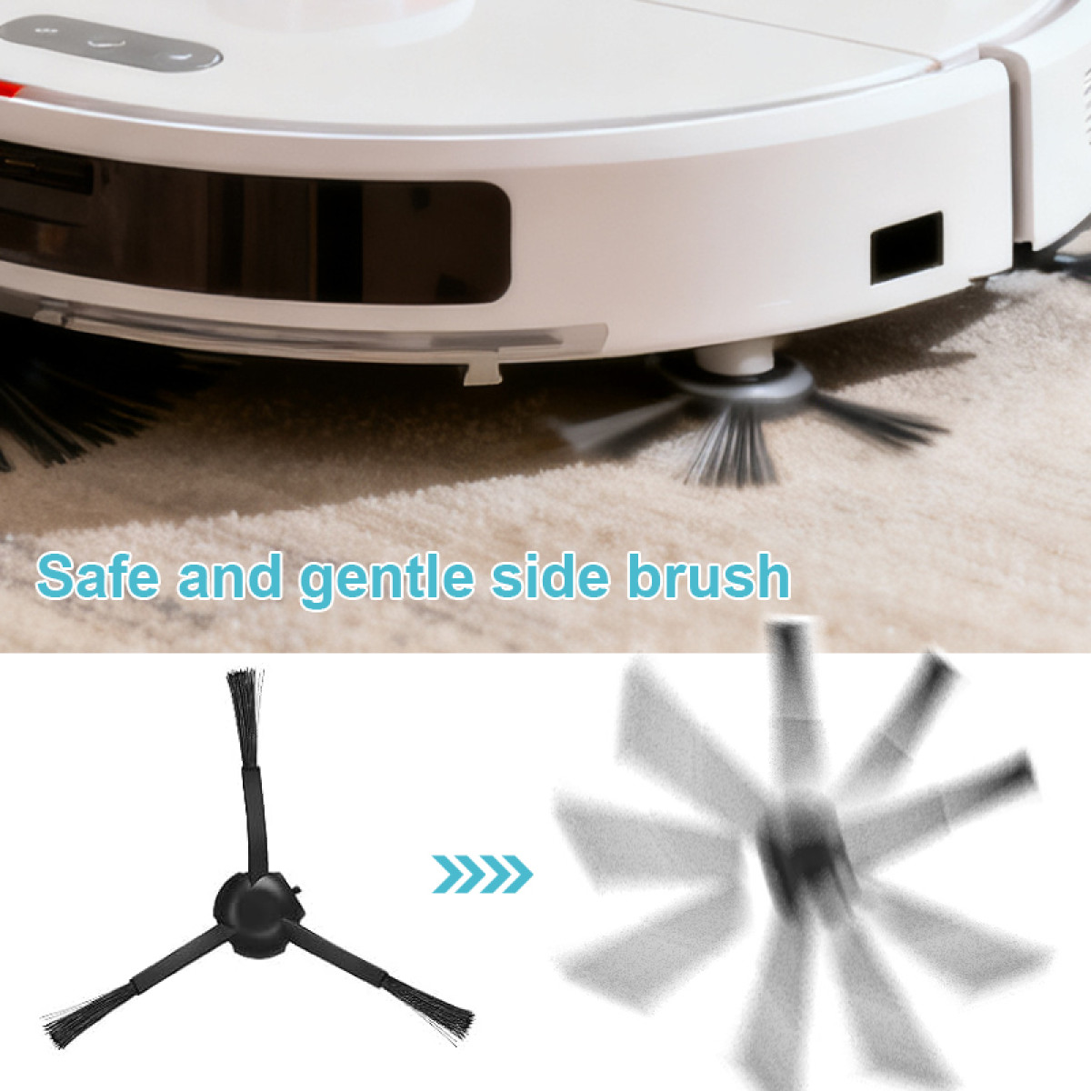 Biały odkurzacz automatyczny z szczotkami bocznymi. Tekst: Bezpieczna i delikatna szczotka boczna. Pokazuje szczotkę i ruch.