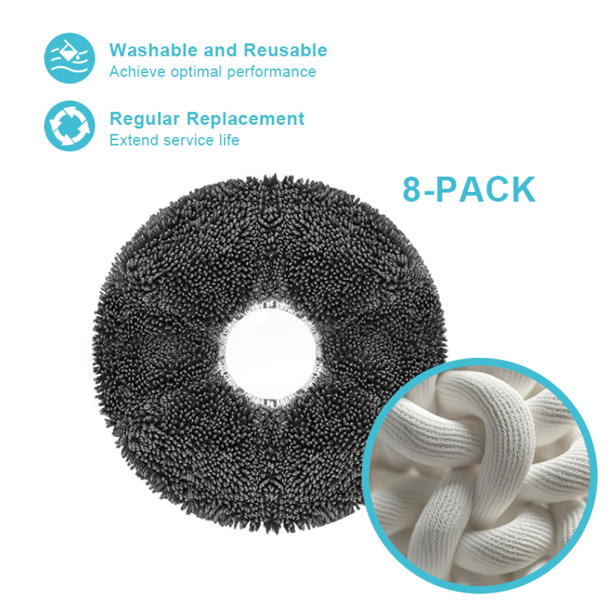 Szara, okrągła nakładka do mopa z białym środkiem i zbliżenie białych sznurów materiałowych. Tekst: Można prać, wielokrotnego użytku i regularna wymiana.